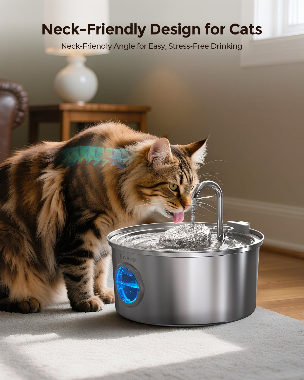 Invengo MeowFlow B30 Trinkbrunnen für Katzen, 2,2L Edelstahl-Haustierbrunnen mit sichtbarem Wasserfenster, einfach zu reinigen und installieren, inkl. 4 Ersatzfilter, spritzwassergeschütztes Design