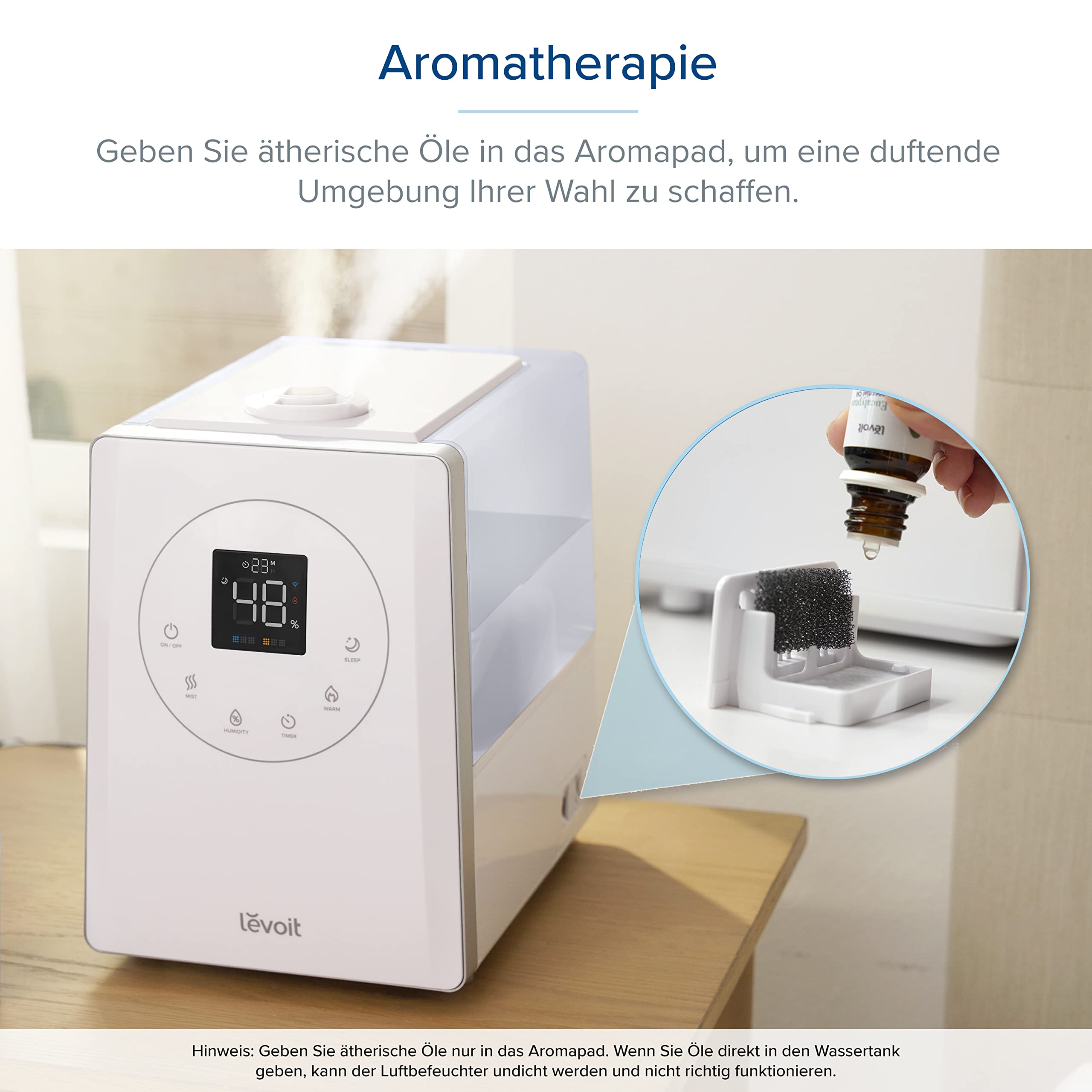 Levoit Luftbefeuchter Schlafzimmer, 23dB leise Humidifier, Top-Fill für Baby, bis 25H, Raumbefeuchter mit 360 grad Drehdüse für Kinderzimmer, Pflanzen, Auto Shut-off, 2,5 L, Weiß