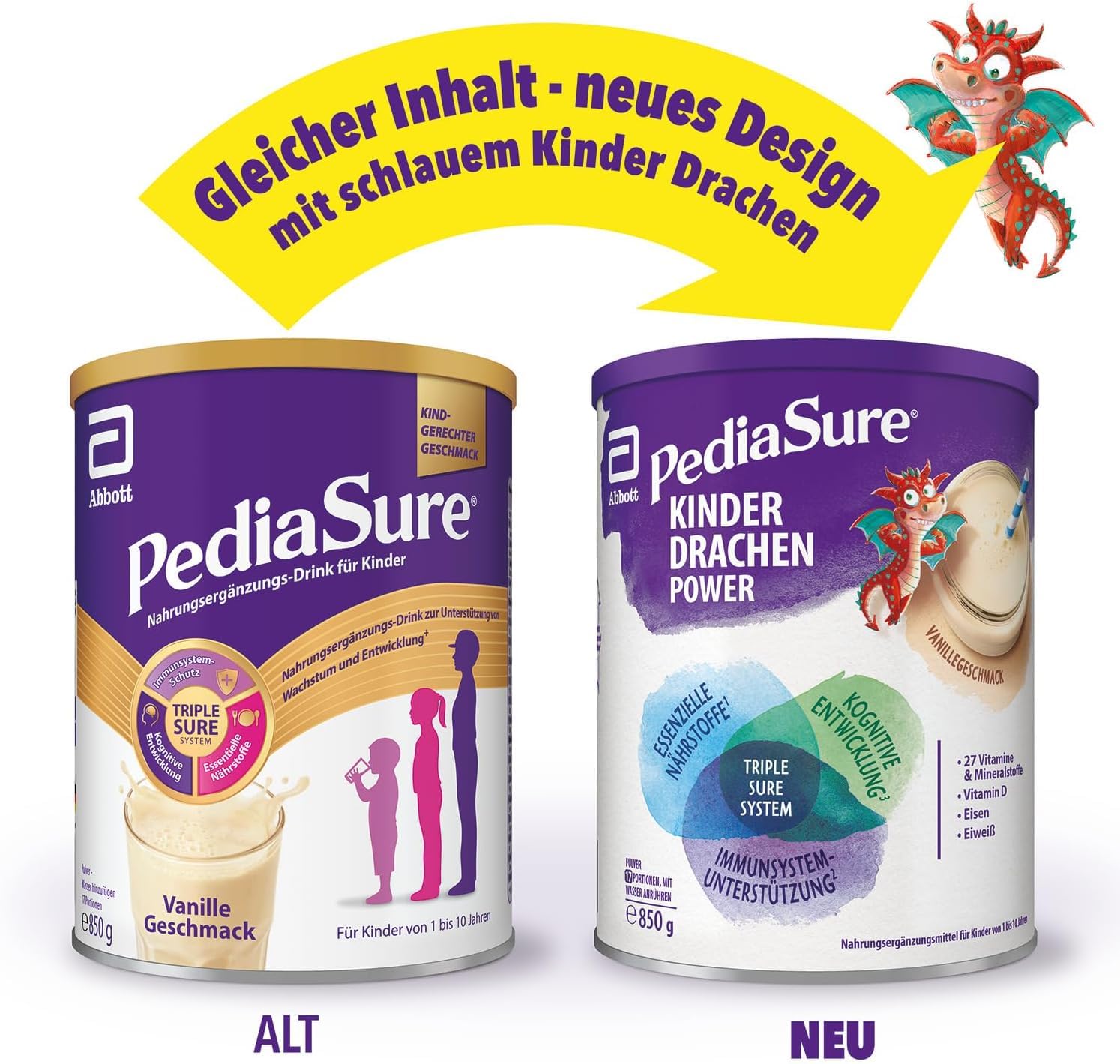 Pediasure Kinder Drachen Power Vanille 850g| leckerer Nahrungsergänzungsshake für Kinder ab 1 Jahr|mit 27 Vitaminen & Mineralien, Protein und triplesure Komplex|Verpackung kann variieren