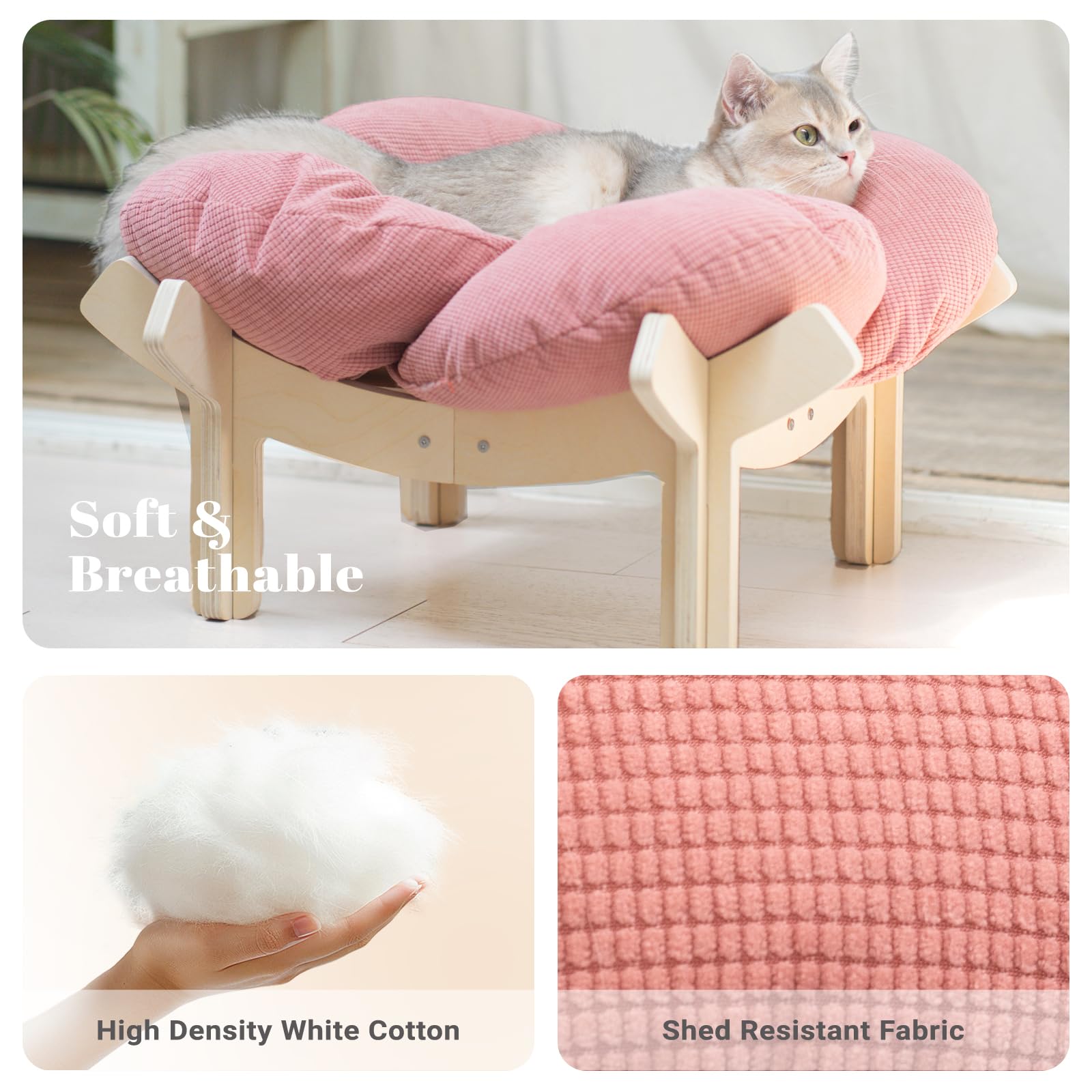 CheerPals Erhöhtes Katzenbett Blumenform, 55cm L&W Großes Katzensofa, Stilvoll Katzenstuhl mit Hochelastischer Weich Kissen, Katzenmöbel zum Schlafen für Alle Katze