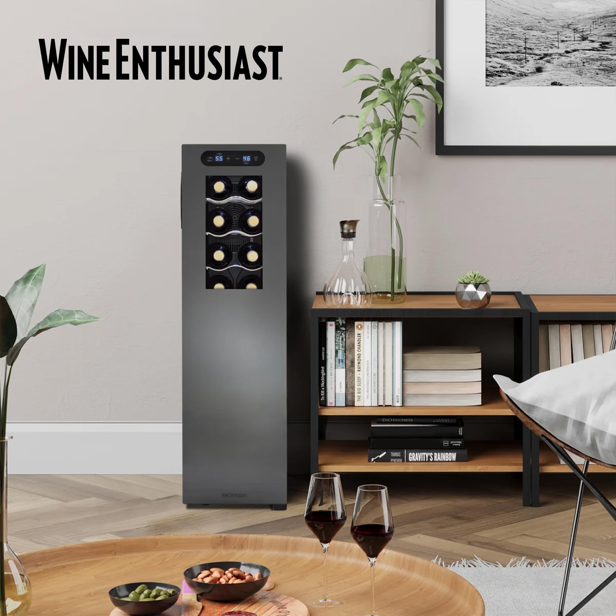 Wine Enthusiast 18-Bottle Slimline Dual Zone Wine Cooler - Energy Efficient Freestanding Wine Refrigerator - Upright Bottle Storage, Adjustable Thermostat, Digital Touchscreen (20.5” x 10.7" x 36.8”)