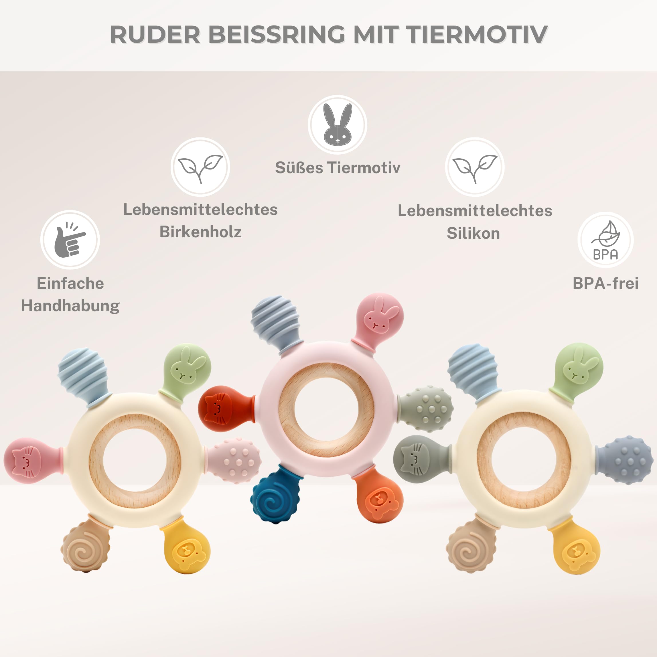 CAJA Beißring Baby BPA freie Zahnungshilfe und Beißspielzeug aus Silikon und Holz Greifring mit Tiermotiv Geschenkidee zur Geburt Sicheres Babyspielzeug für Jungen und Mädchen