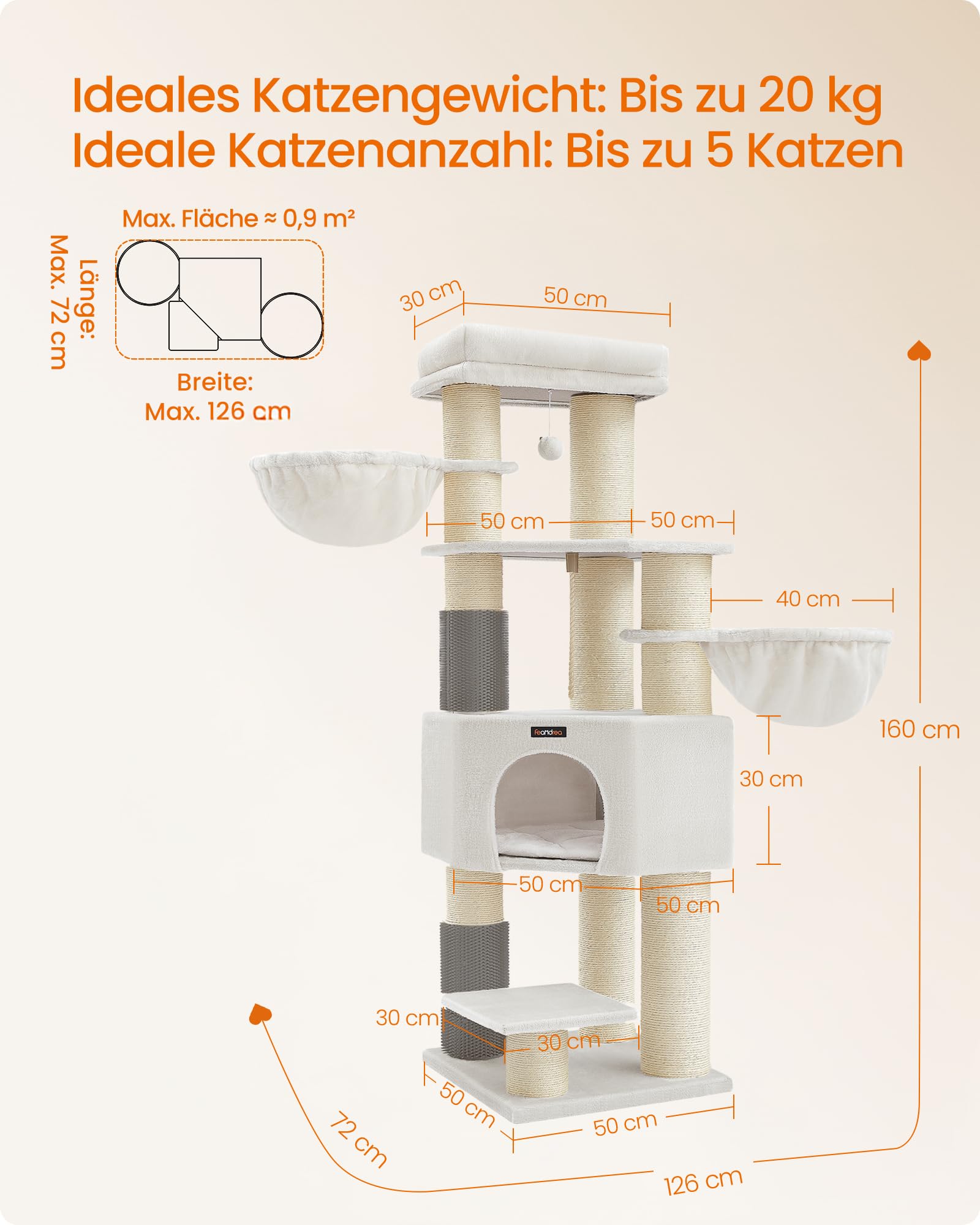 Feandrea Kratzbaum, mit warmen Decken, für große Katze, Katzenbaum, 2 Katzenbürsten, 11,1 cm d Dicke Stämme, große Plattformen, Höhle, 50 x 50 x 160 cm, Taubengrau-schwarz PCT003W01
