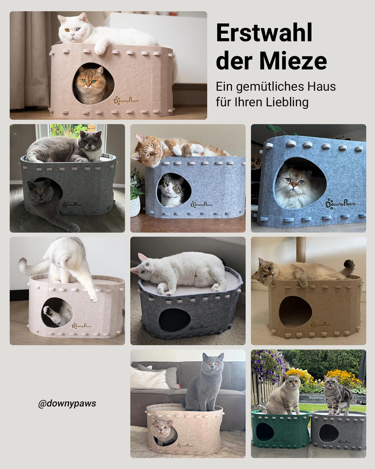 Katzenhöhle Filz, Katzenhaus aus Filz, Katzenbett, Katzenhöhle für Katzen, 58 x 33 x 30cm, Peek-a-Boo zum Spielen, Winterfest, Schutz der Katzennägel, Beige