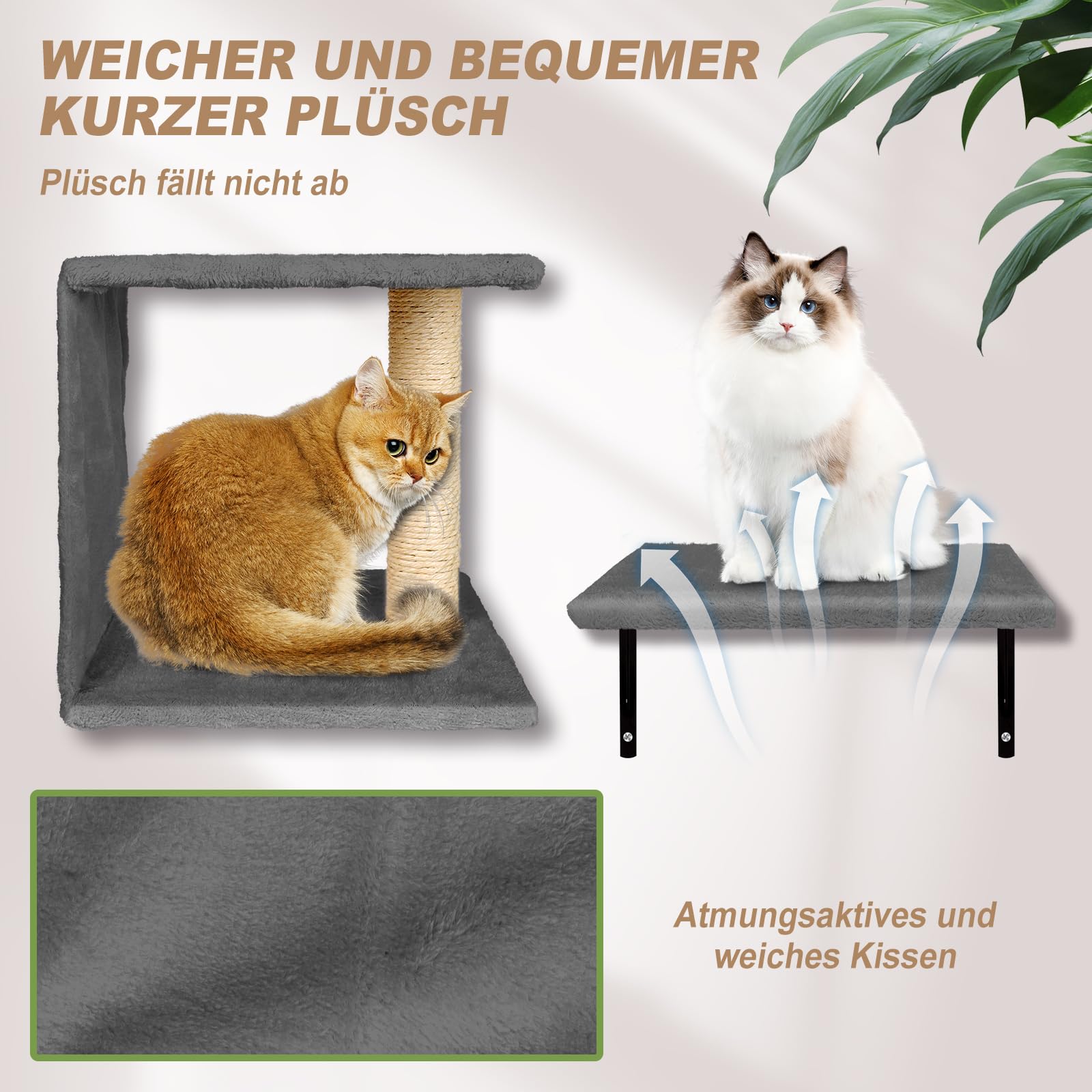 Myiosus Kletterwand Katzen, 10-teilig Katzen Kletterwand Set, Stabiles Kratzbaum Wand, Plüsch-Wandkratzbaum, Katzenmöbel mit Katzenhaus, Katzenbrücke, Kratzbaum mit Hängeball, Bequem Katzenliege