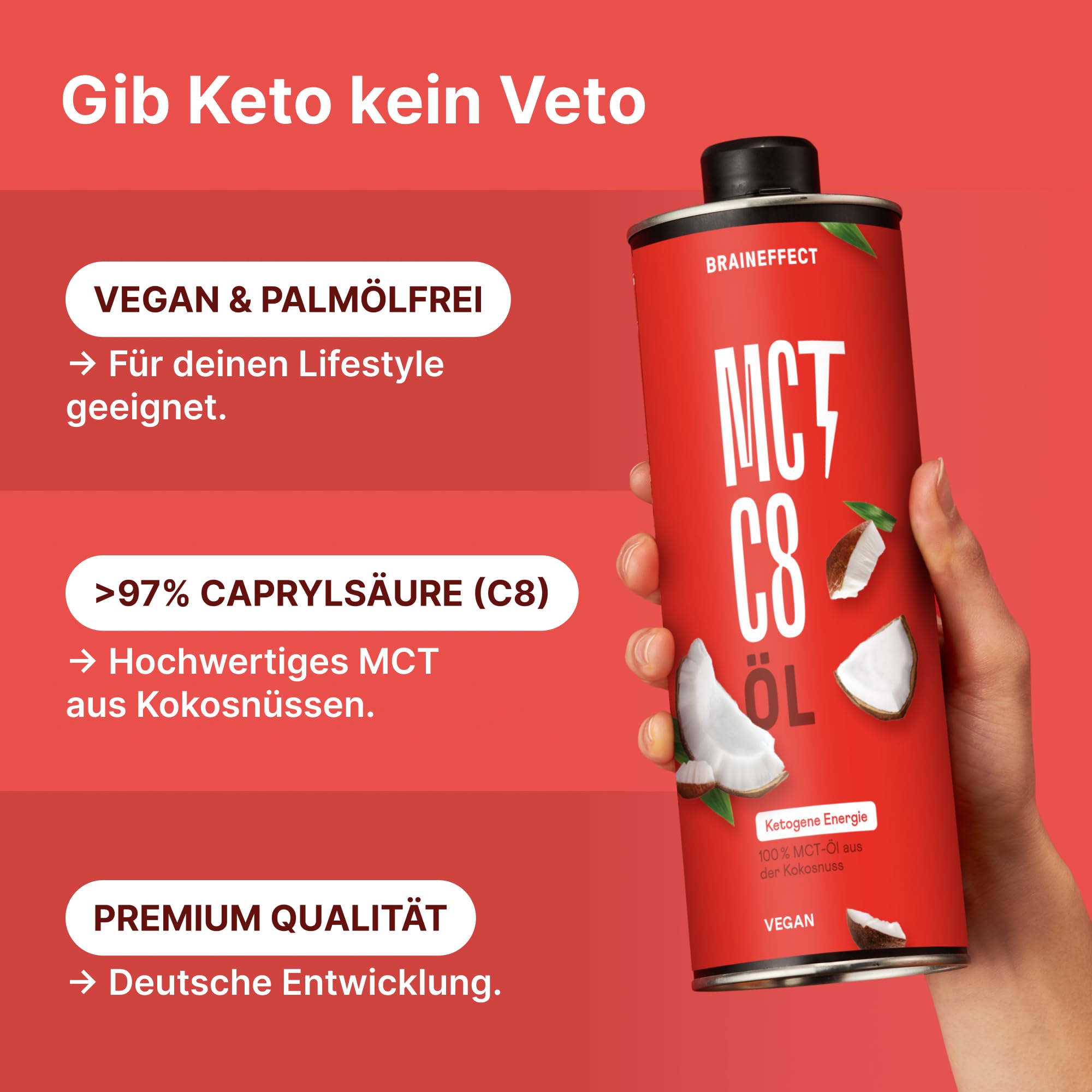 BRAINEFFECT MCT-Öl C8 – Reiner Extrakt aus Kokosöl, Bildet 3x mehr Ketone als andere MCT-Öle, Ideal für Low-Carb-, Paleo- und ketogene Ernährung & Bulletproof Coffee – 1 Liter