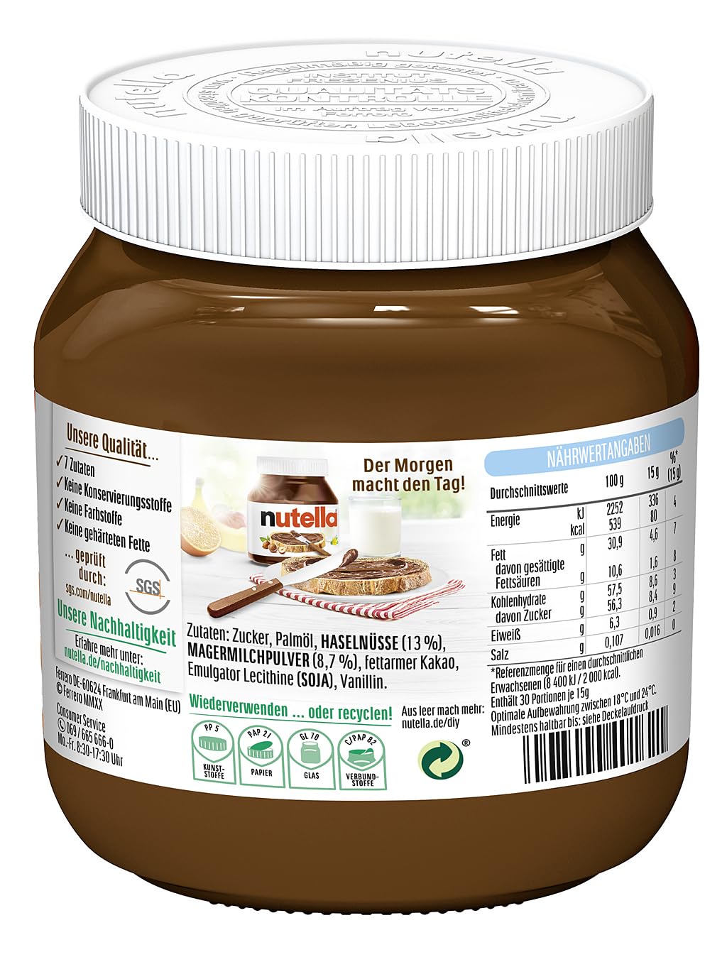 nutella - Nuss-Nougat-Creme, 1 Glas mit 750g, leckere Haselnuss-Schoko-Creme als Aufstrich oder für Rezepte