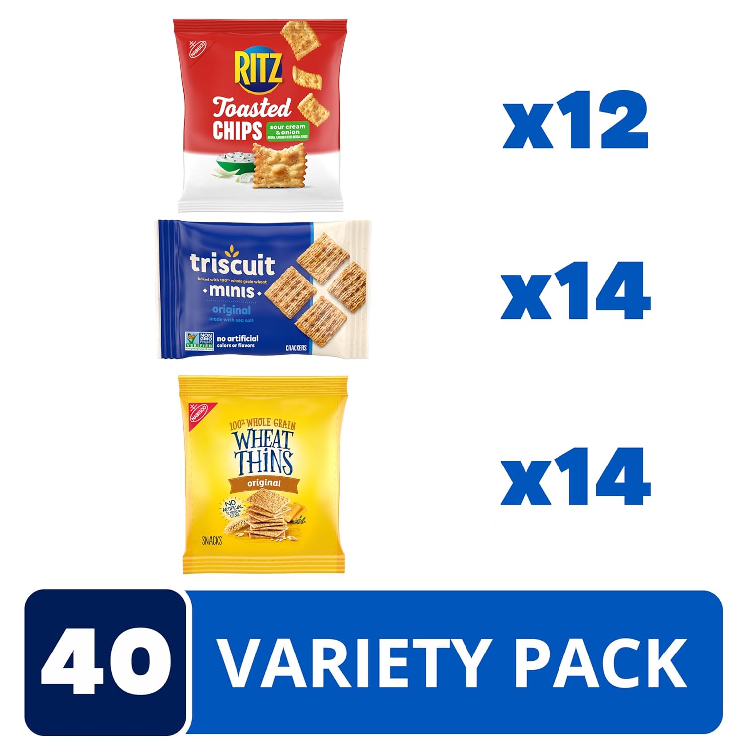 Nabisco Cracker Variety Pack, RITZ Toasted Chips, Wheat Thins Snacks Whole Grain Wheat Crackers and Triscuit Minis Whole Grain Wheat Vegan Crackers, 40 Snack Packs