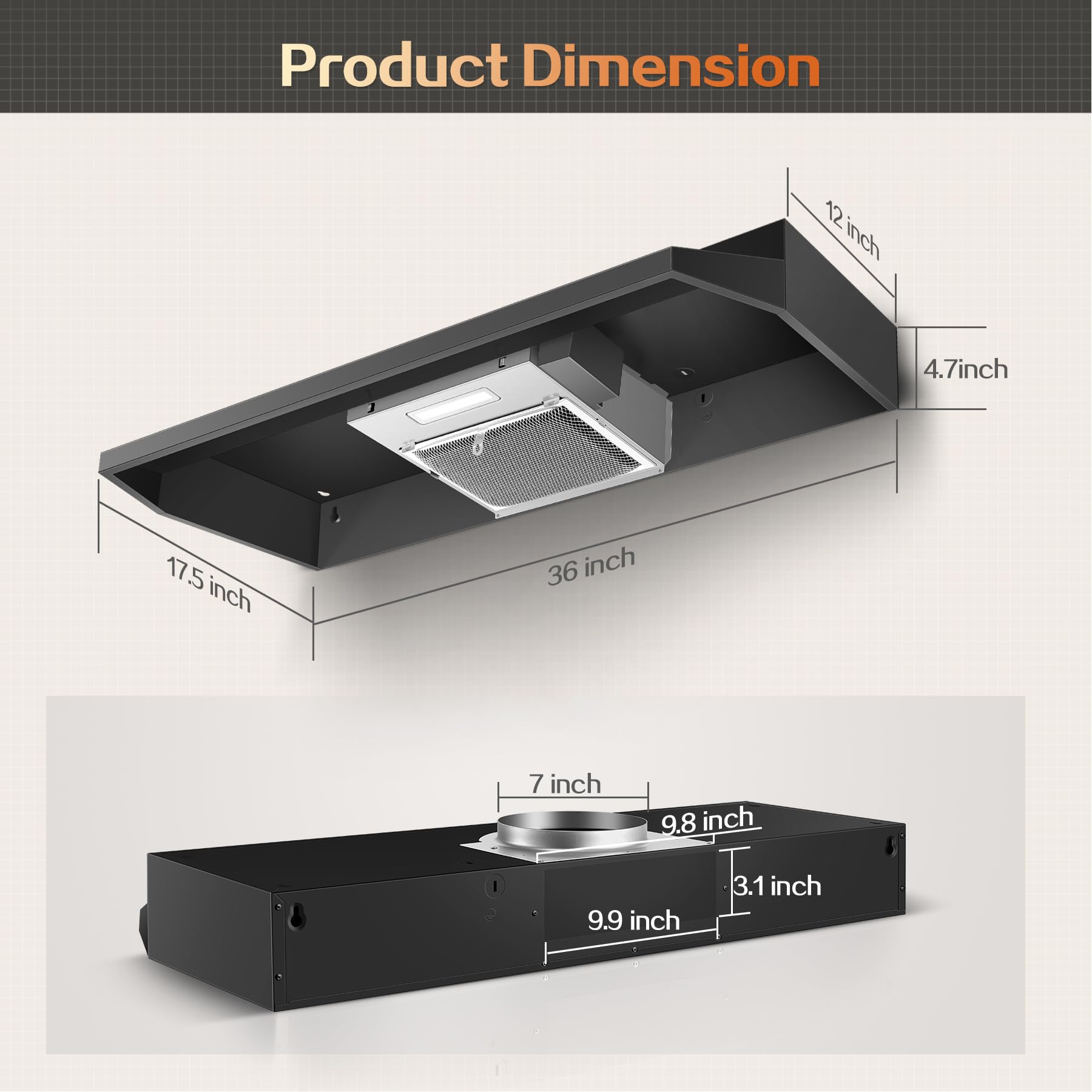 Range Hood 30 inch Under Cabinet, Stainless Steel Kitchen Vent Hood 280CFM, Built-in Kitchen Stove Hood w/Rocker Button Control, Ducted/Ductless Convertible Duct, 2 Speeds Fan, Bright LED Light