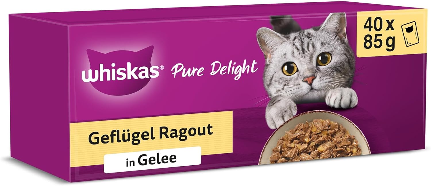 Whiskas 1+ Katzennassfutter Ragout Geflügel Auswahl in Gelee, 40x85g (1 Packung) – Hochwertiges Nassfutter für ausgewachsene Katzen in 40 Portionsbeuteln