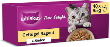 Whiskas 1+ Katzennassfutter Ragout Geflügel Auswahl in Gelee, 40x85g (1 Packung) – Hochwertiges Nassfutter für ausgewachsene Katzen in 40 Portionsbeuteln
