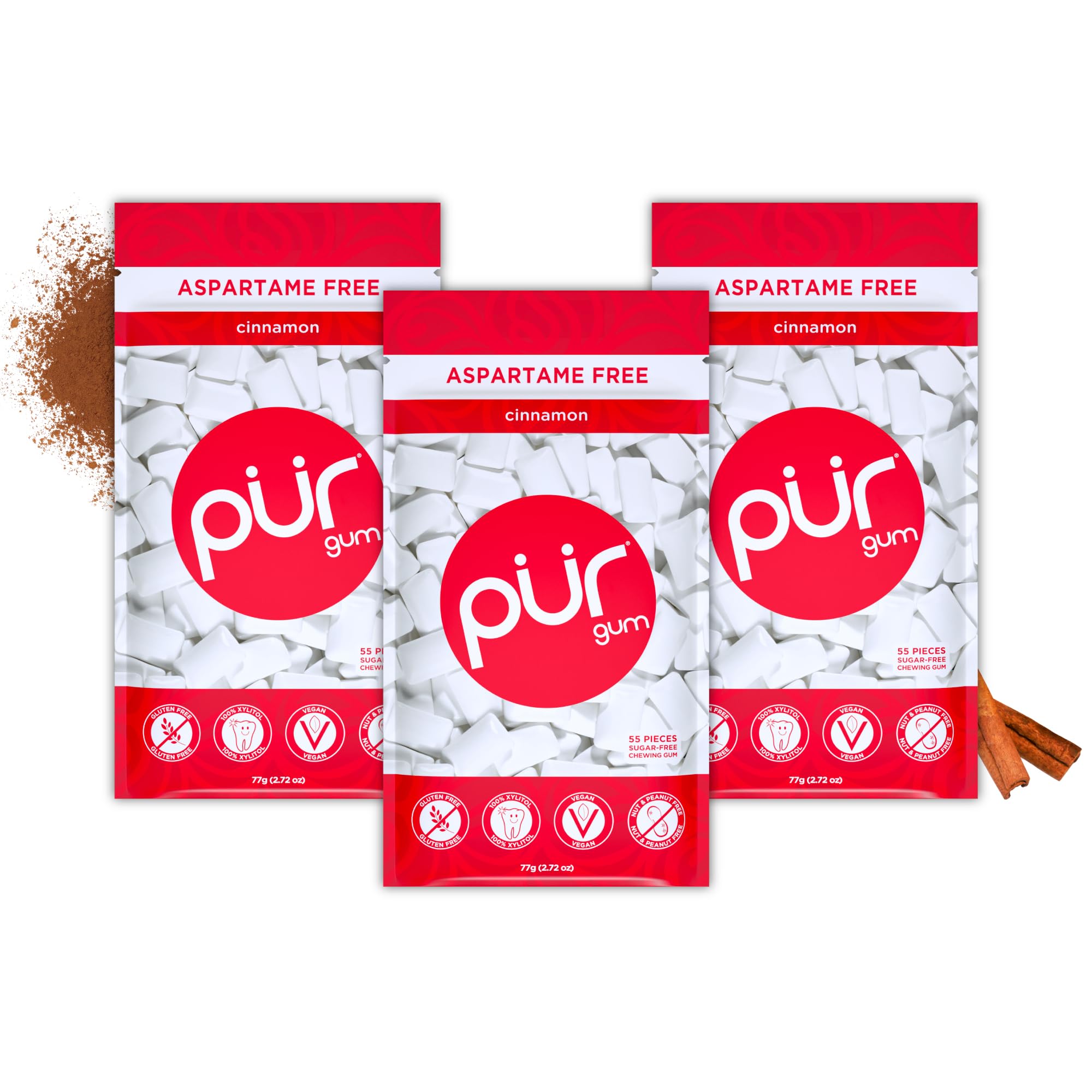 PUR Gum | Zuckerfreier Kaugummi | Mit Xylit | Vegan, Aspartamfrei & Glutenfrei | Natürlicher Kaugummi Mit Spearmint-Geschmack, 55 Stück (3er Pack)