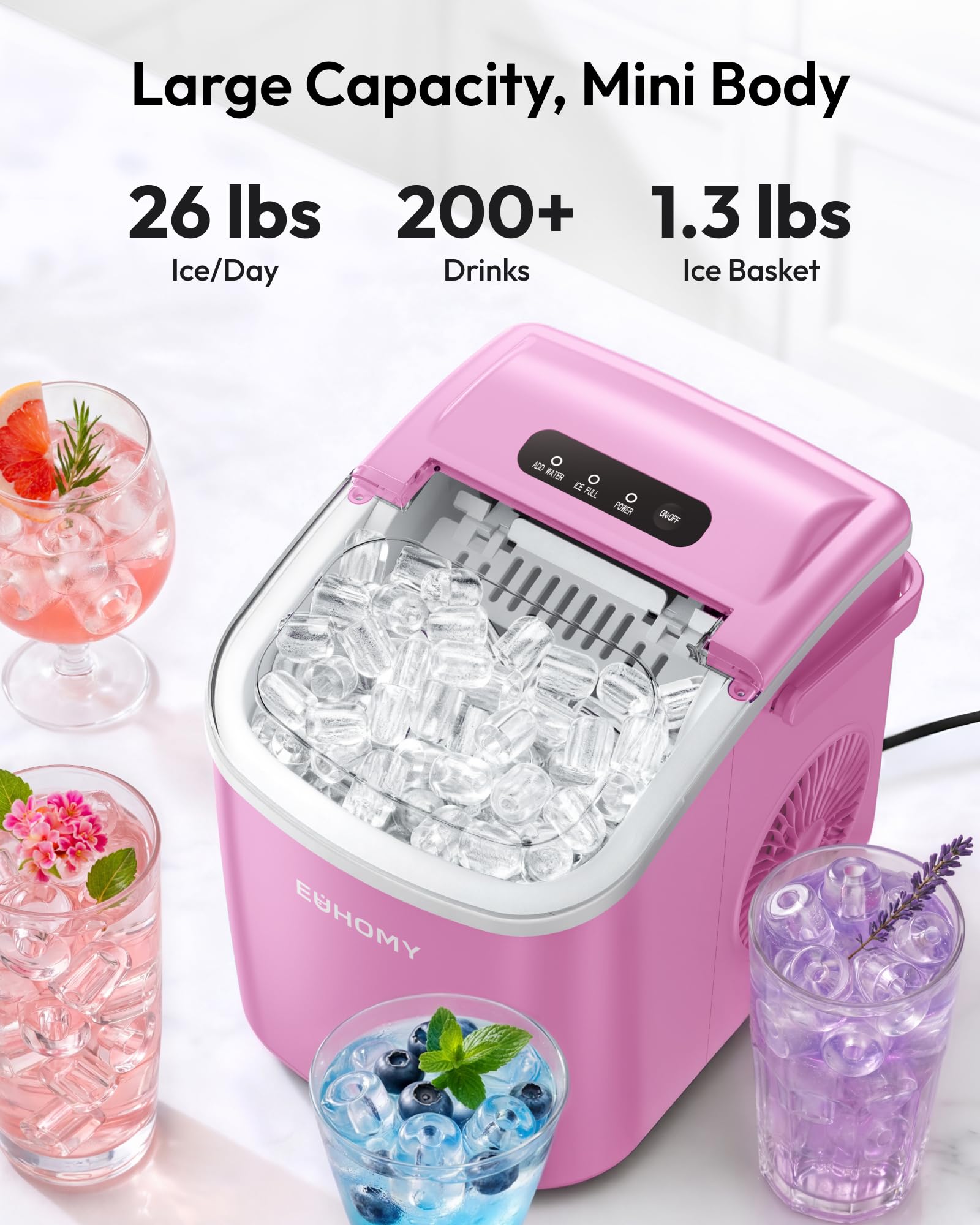 EUHOMY Countertop Ice Maker Machine with Handle, 26lbs in 24Hrs, 9 Ice Cubes Ready in 6 Mins, Auto-Cleaning Portable Ice Maker with Basket and Scoop, for Home/Kitchen/Camping/RV. (Black)
