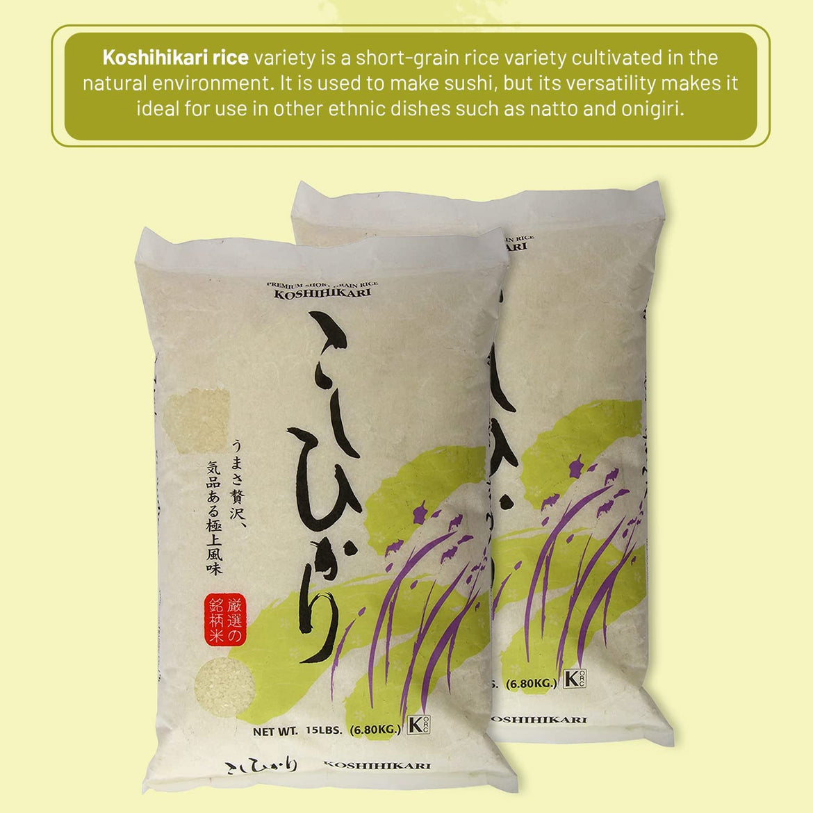 Shirakiku Dried Grains & Rice - Japanese Short Grain White Koshihikari - Uncooked Premium Quality Low Carb Sweet Sticky Sushi Rice, 15 Pounds bag