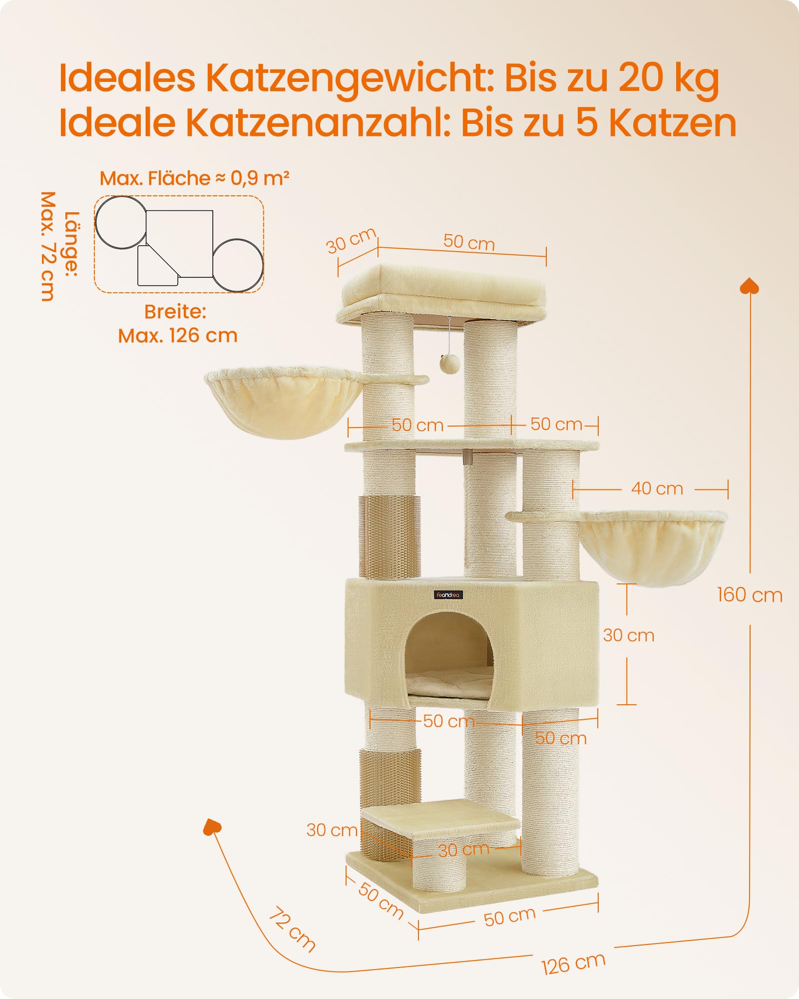 Feandrea Kratzbaum, mit warmen Decken, für große Katze, Katzenbaum, 2 Katzenbürsten, 11,1 cm d Dicke Stämme, große Plattformen, Höhle, 50 x 50 x 160 cm, Taubengrau-schwarz PCT003W01