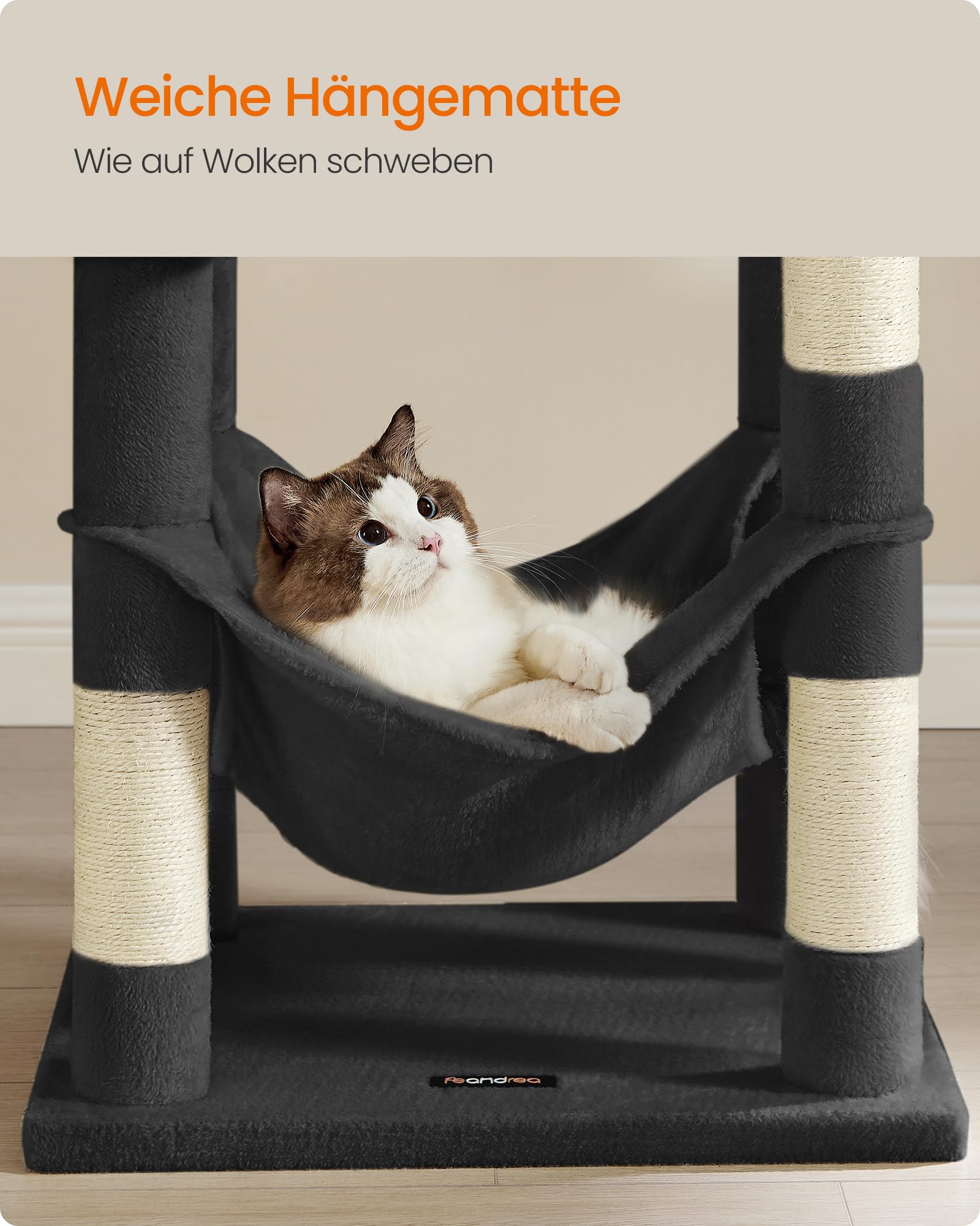 Feandrea Kratzbaum, 143 cm hoch, Katzenbaum, mehrstöckiges Katzenhaus, mit 4 Kratzsäulen, 2 Plattformen, Hängematte, Höhle, hellgrau PCT161W01
