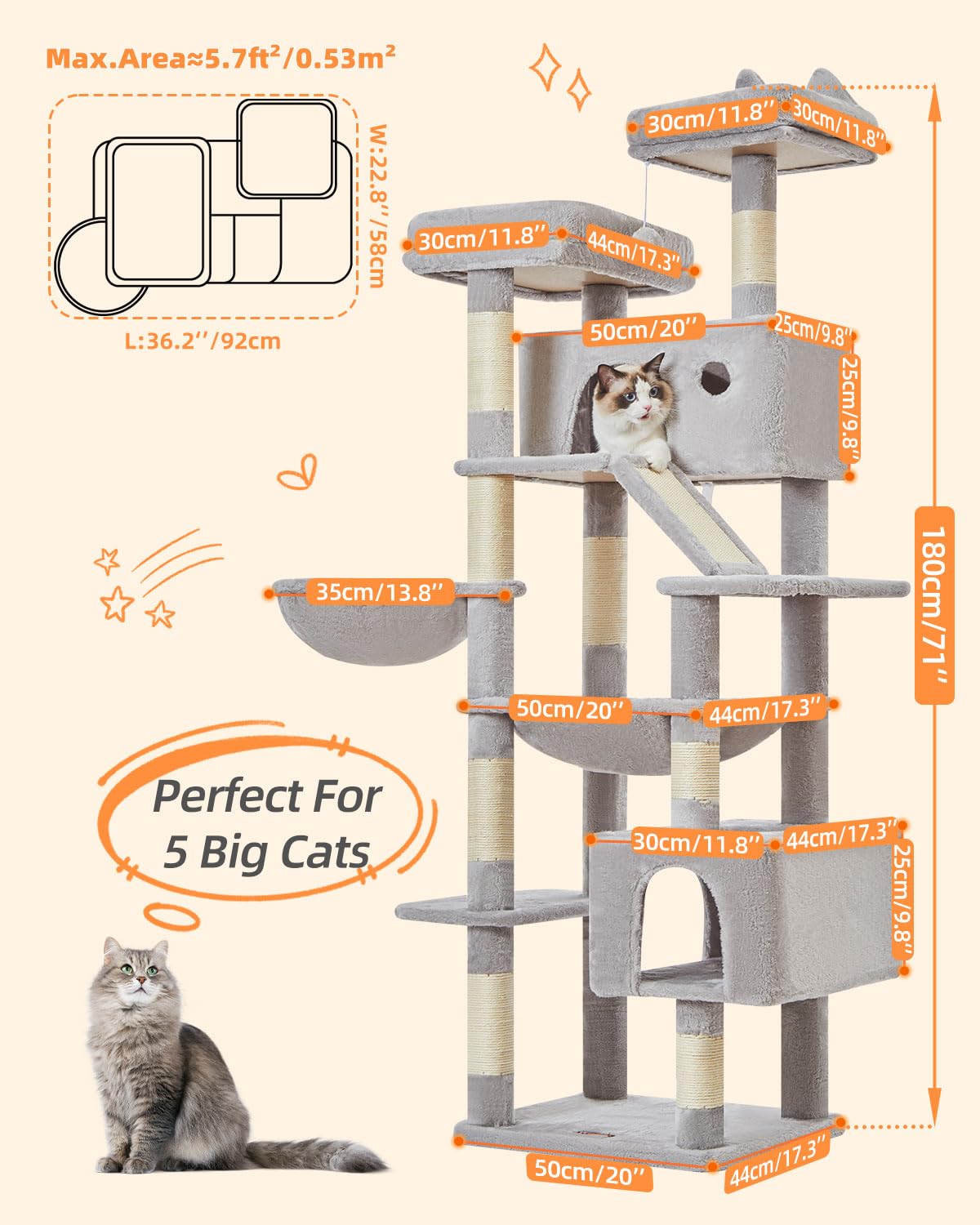 Taoqimiao 180CM Kratzbaum Groß, Katzenbaum Katzen Kratzbaum Grosse Katzen Stabil mit 2 Katzenhaus, Metallhängematte, Korb, 8 Kratzsäulen, Katzenkratztafel, MS026LM Beige