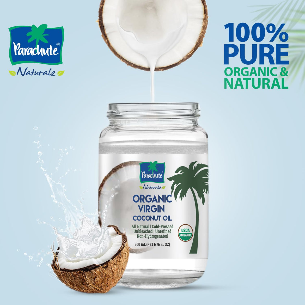 Parachute Naturalz Organic Virgin Coconut Oil | For Cooking, Hair, Body & Oil Pulling | Cold Pressed | Unbleached | Unrefined | Non-Hydrogenated | MCT Oil | USDA Certified |16 Fl.Oz | Glass Jar