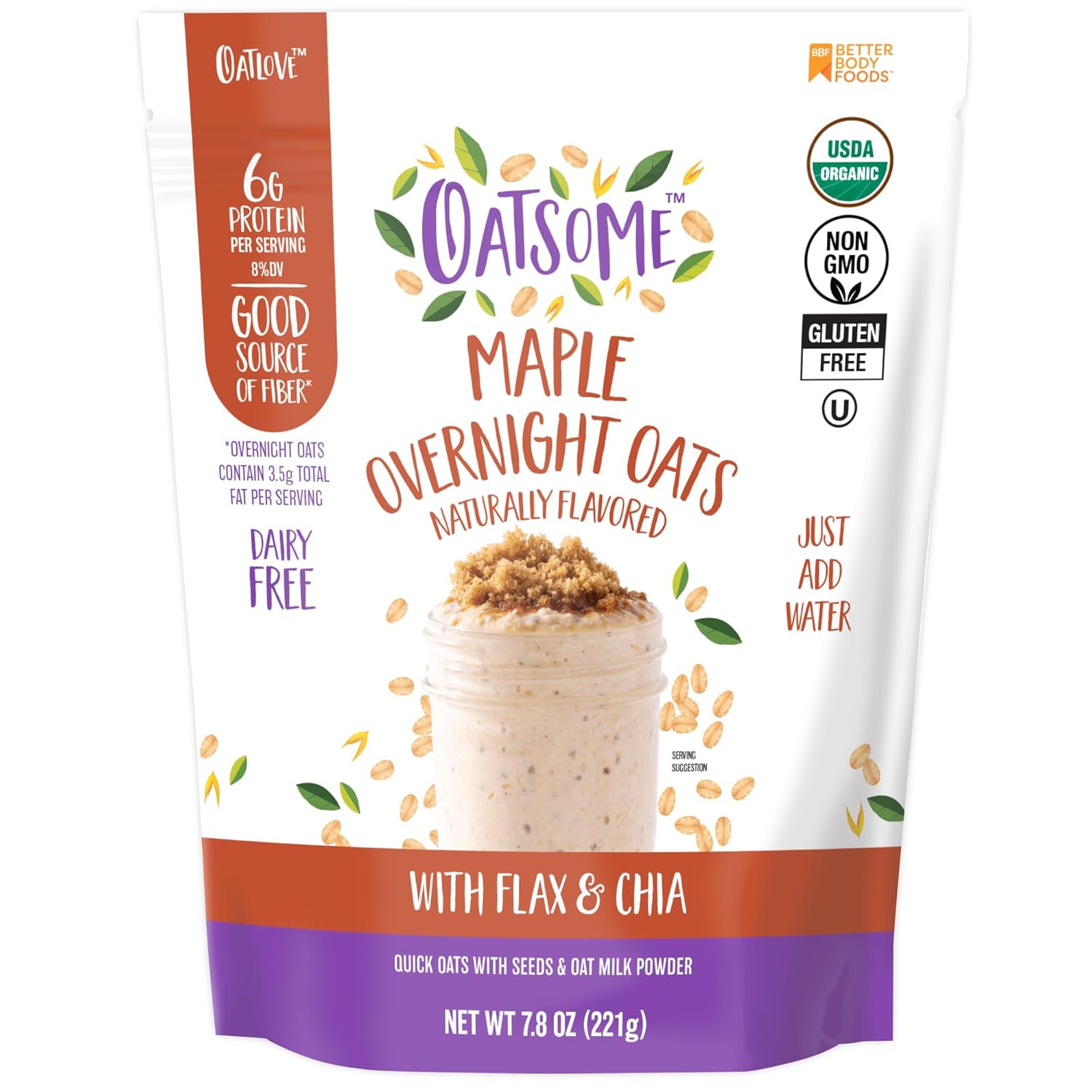 Oatsome Organic Overnight Oats with Chia, Flax, & Hemp, Gluten-Free Oatmeal with 7g of Protein, 2 lb 8 oz (40oz) Bag