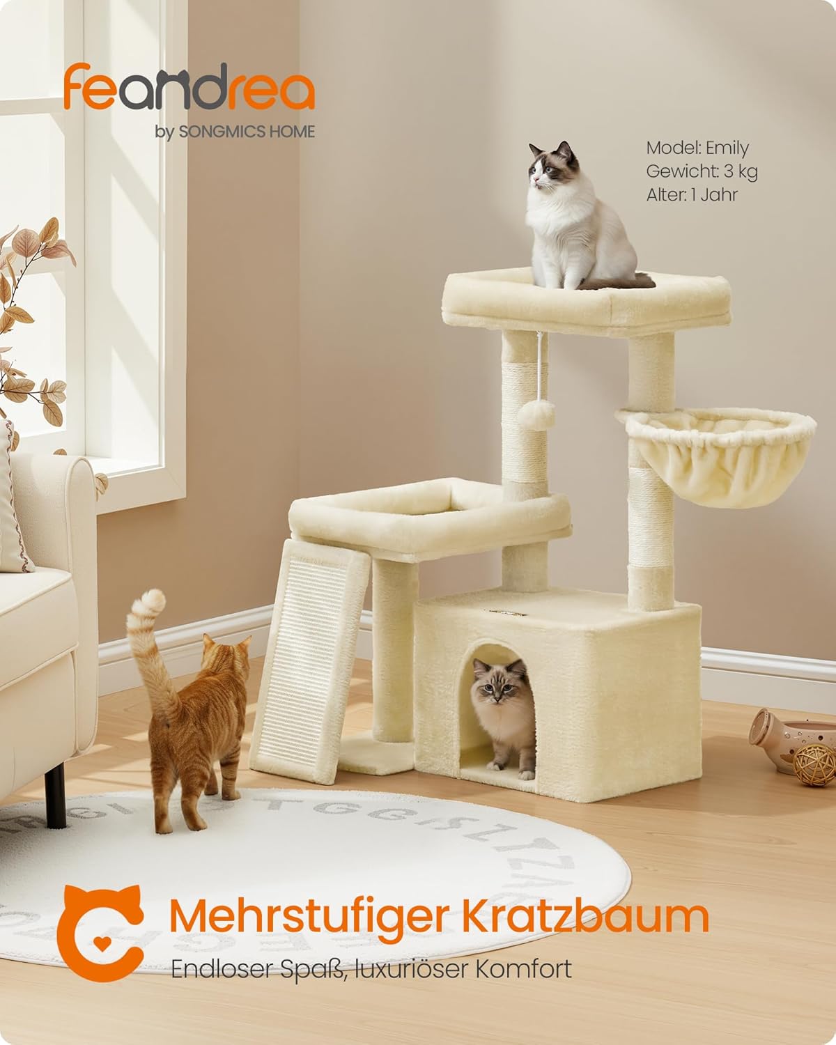 Feandrea Kratzbaum, Katzenbaum mit Kratzsäulen, Rampe, Katzenkratzbaum, 2 große Plattformen, Höhle und Korb, 85,8 cm hoch, Taubengrau PCT013GD01