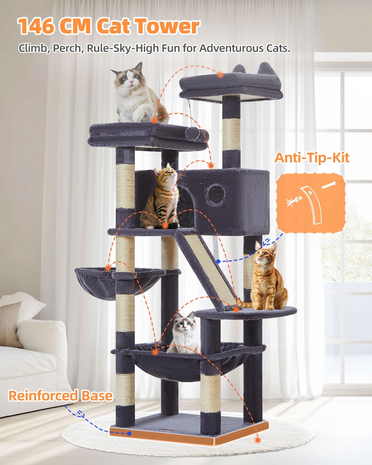 Taoqimiao 180CM Kratzbaum Groß, Katzenbaum Katzen Kratzbaum Grosse Katzen Stabil mit 2 Katzenhaus, Metallhängematte, Korb, 8 Kratzsäulen, Katzenkratztafel, MS026LM Beige