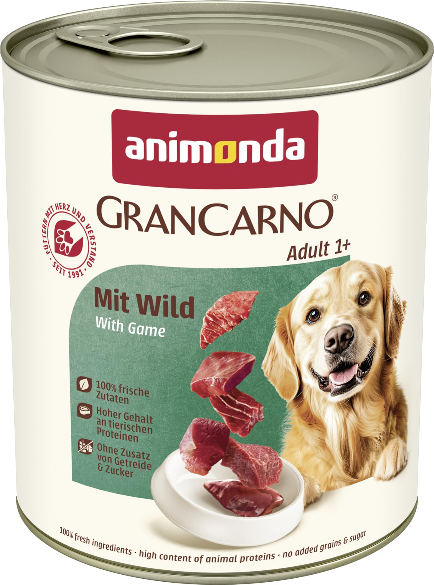 animonda GranCarno Hunde Nassfutter mit Rind + Entenherzen (6 x 800 g), getreidefreies Hundenassfutter ohne Zucker, für ausgewachsene Hunde, mit frischen fleischigen Zutaten