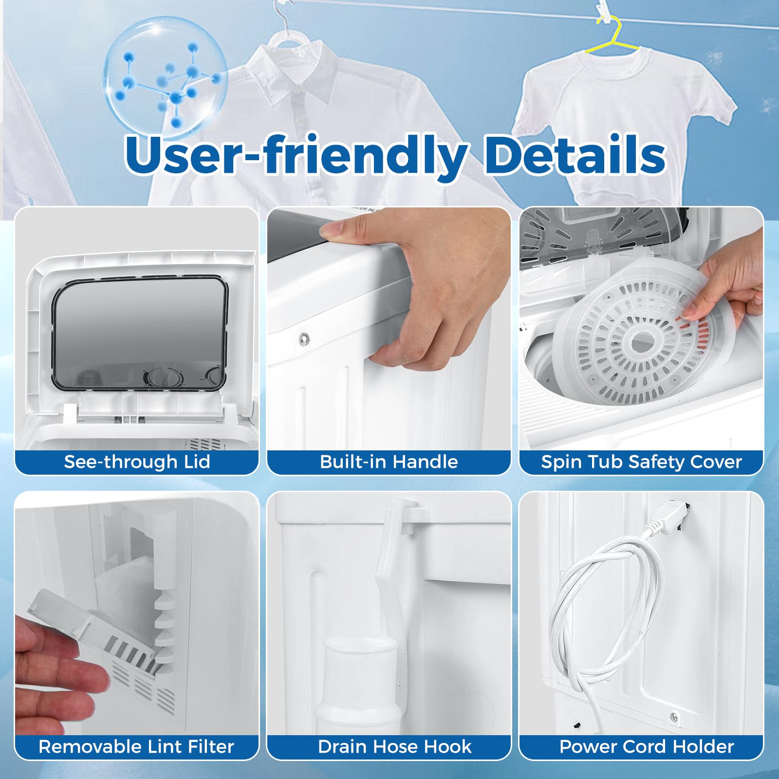 COSTWAY Portable Washing Machine, Twin Tub 20 Lbs Capacity, Compact Laundry Washer(12 Lbs) and Spinner(8 Lbs), Durable Design, Timer Control, Perfect for RV, Apartments and Dorms, Blue+White