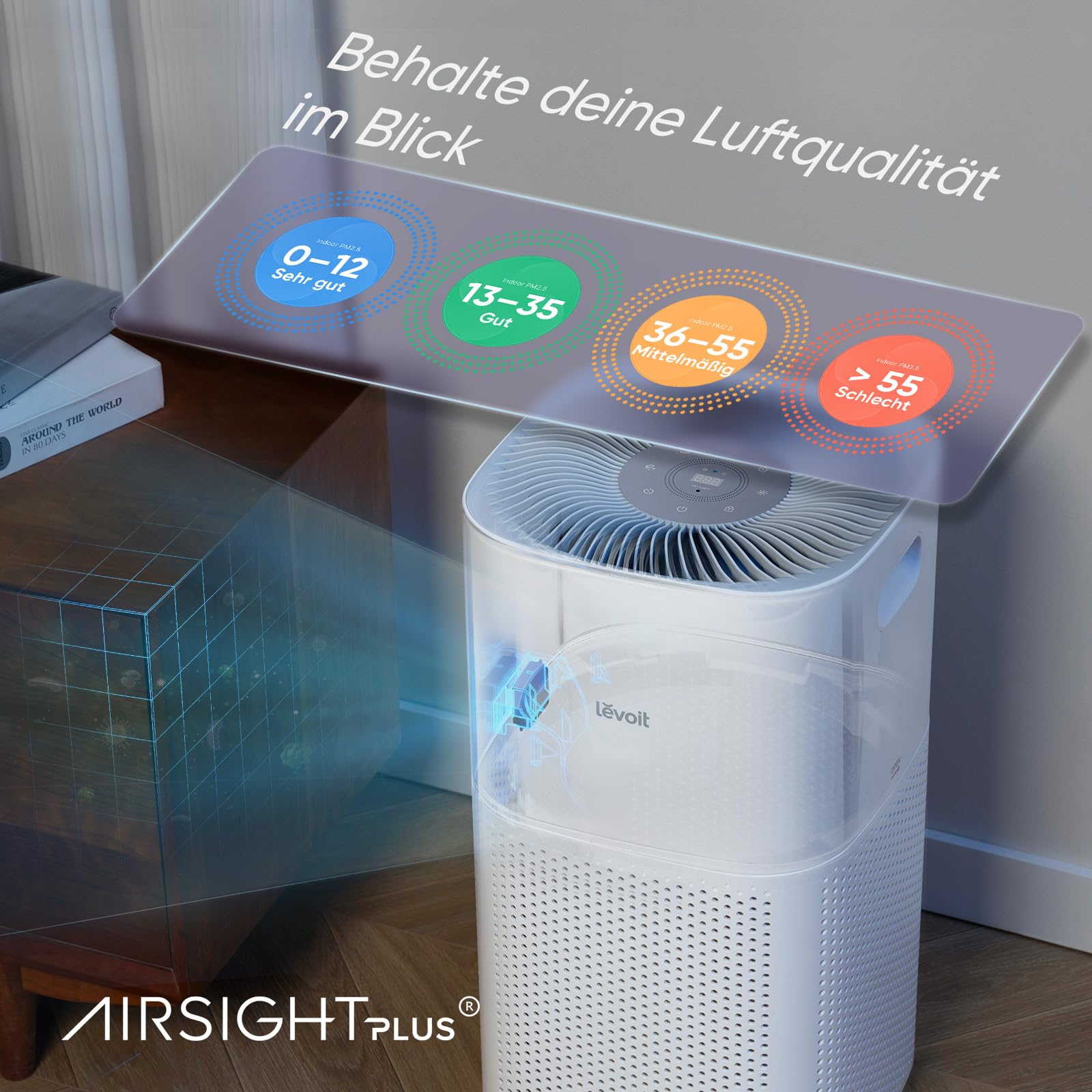 Levoit Luftreiniger mit HEPA Luftfilter gegen 99,97 Prozent Schimmel Staub Pollen Tierhaare, Luftqualitäts-Feedback und Auto-Modus, CADR 240m³/h für Raucherzimmer, bis zu 50m², Weiß