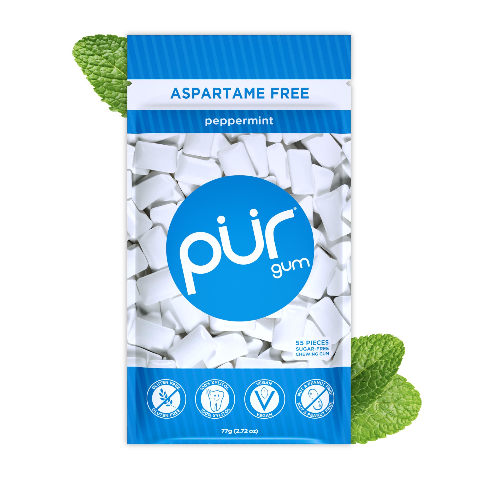 PUR Gum | Zuckerfreier Kaugummi | Mit Xylit | Vegan, Aspartamfrei & Glutenfrei | Natürlicher Kaugummi Mit Spearmint-Geschmack, 55 Stück (3er Pack)