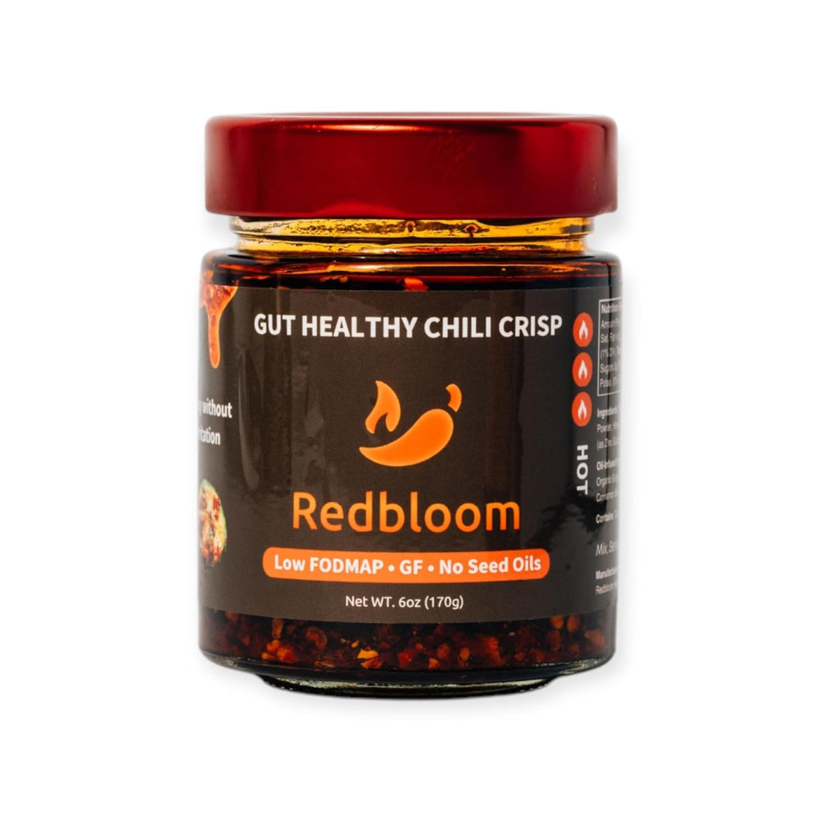 Redbloom Gut-Healthy Chili Crisp - Organic Chili Oil, No Seed Oils, Low-Fodmap, Vegan, Crunchy Hot Sauce, Good on Everything, 6oz (Pack of 1) - Medium Aroma