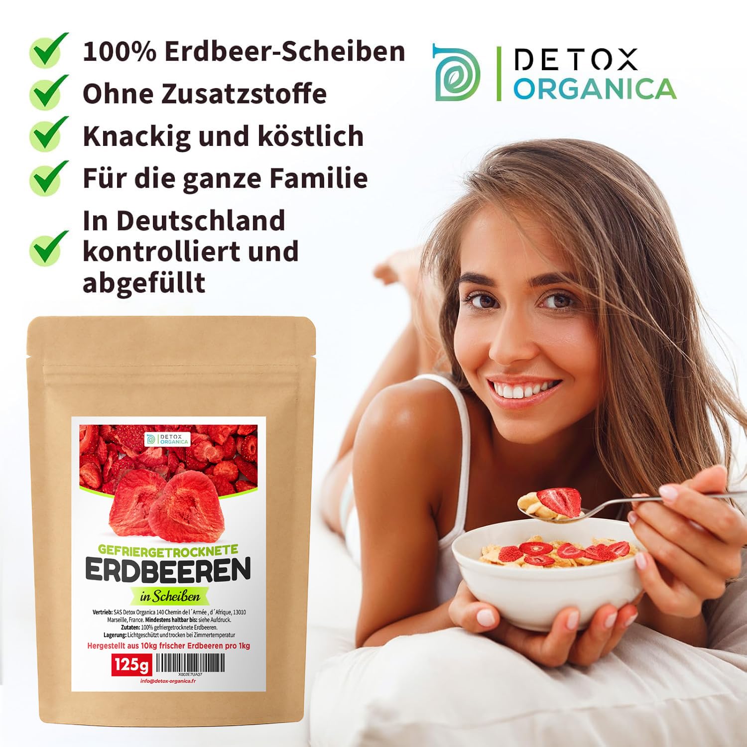 Detox Organica GEFRIERGETROCKNETE ERDBEEREN, 300g Früchte in Scheiben, 100% Trockenfrüchte natürlich und ohne Zusatz von Zucker oder Zusatzstoffen, Erdbeerchips freeze dried strawberries (300g)