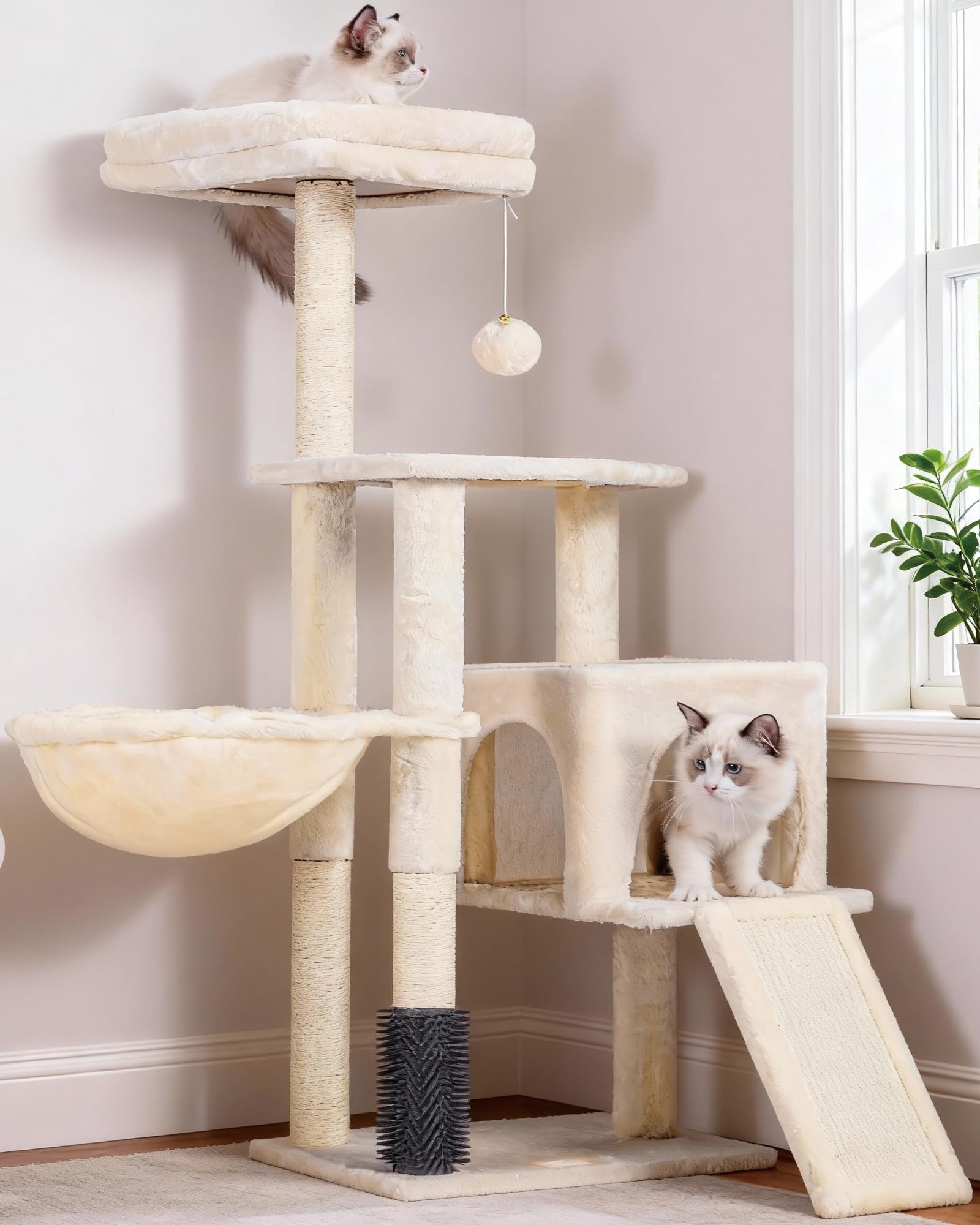 Heybly Kratzbaum mit Katzenbürste, Katzenbaum für Hauskatzen mit Gepolsterter Sitzstange aus Plüsch, Katzenkratzbaum mit Korb, Kratzbrett und Kratzbaum, Hellgrau HCT005SW