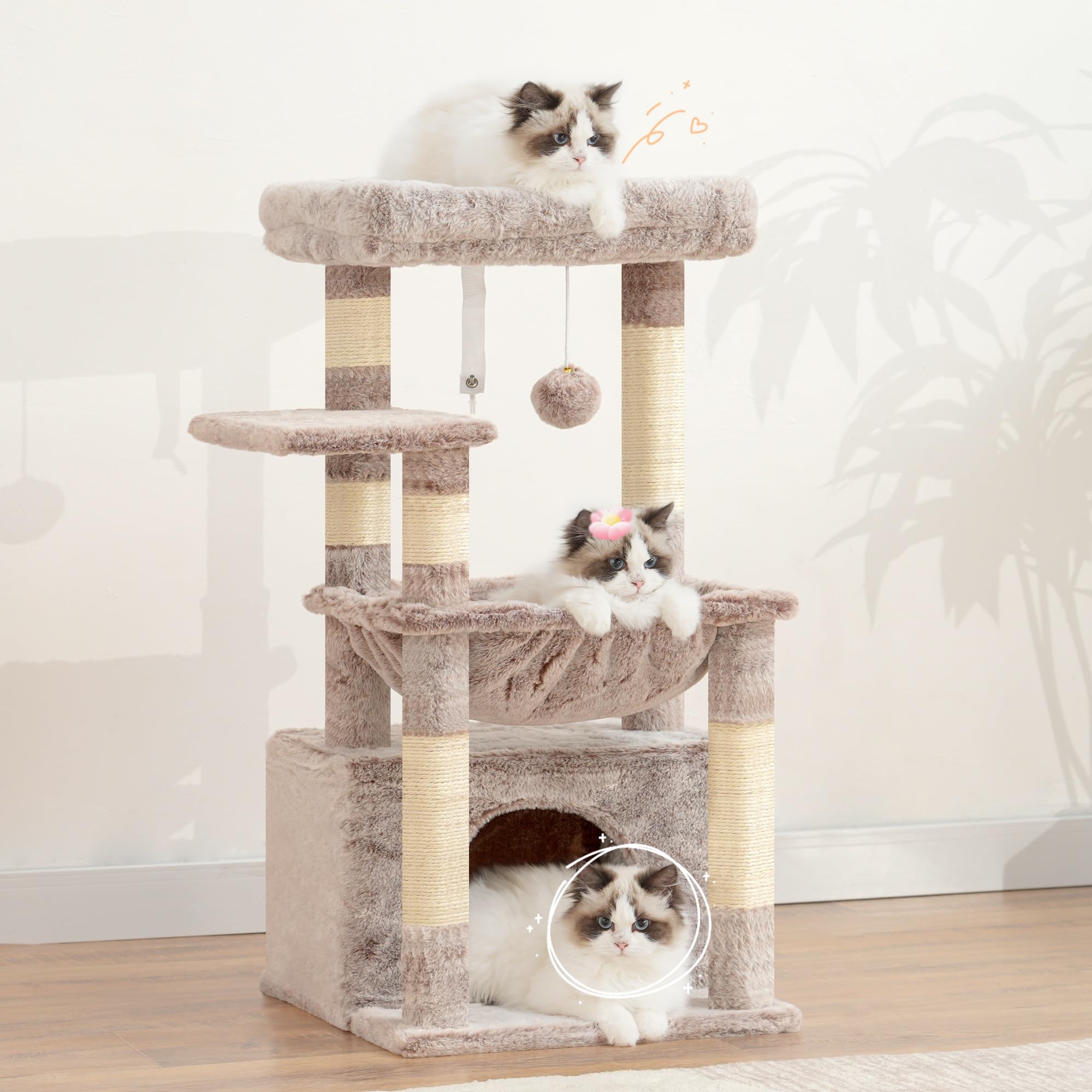 Heybly Kratzbaum, Katzenbaum mit Extra Großem, Weichem Katzenkorb, Katzenkratzbaum mit Geräumigem Katzenbett und Verstecktem Schlafplatz, Robusten Sisal-Kratzsäulen, Hellgrau HCT008SW