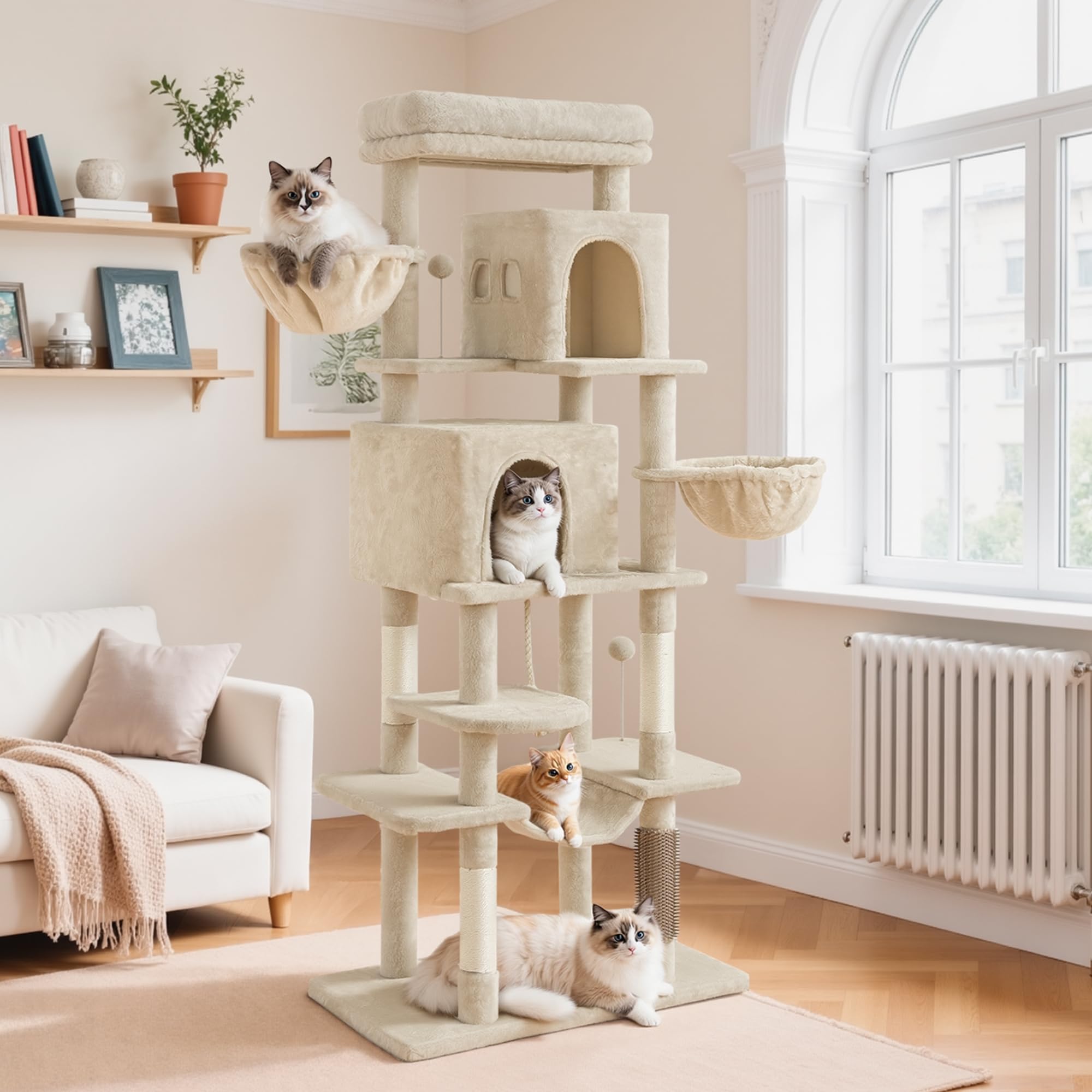YITAHOME Kratzbaum, Katzenkratzbaum, für Große Katze, Katzenbaum, Katzenbürsten, 11 cm Dicke Stämme, Große Plattformen, Plüschkissen, Höhle, 50 x 50 x 157 cm, Beige