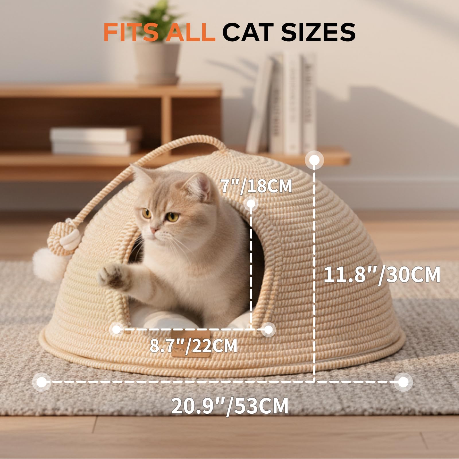 CheerPals Katzenbett mit Kissen, 47cm Waschbar Katzenkorb aus Baumwollseilen geflochten, zum Schlafen für Alle Katze, All Season Universal
