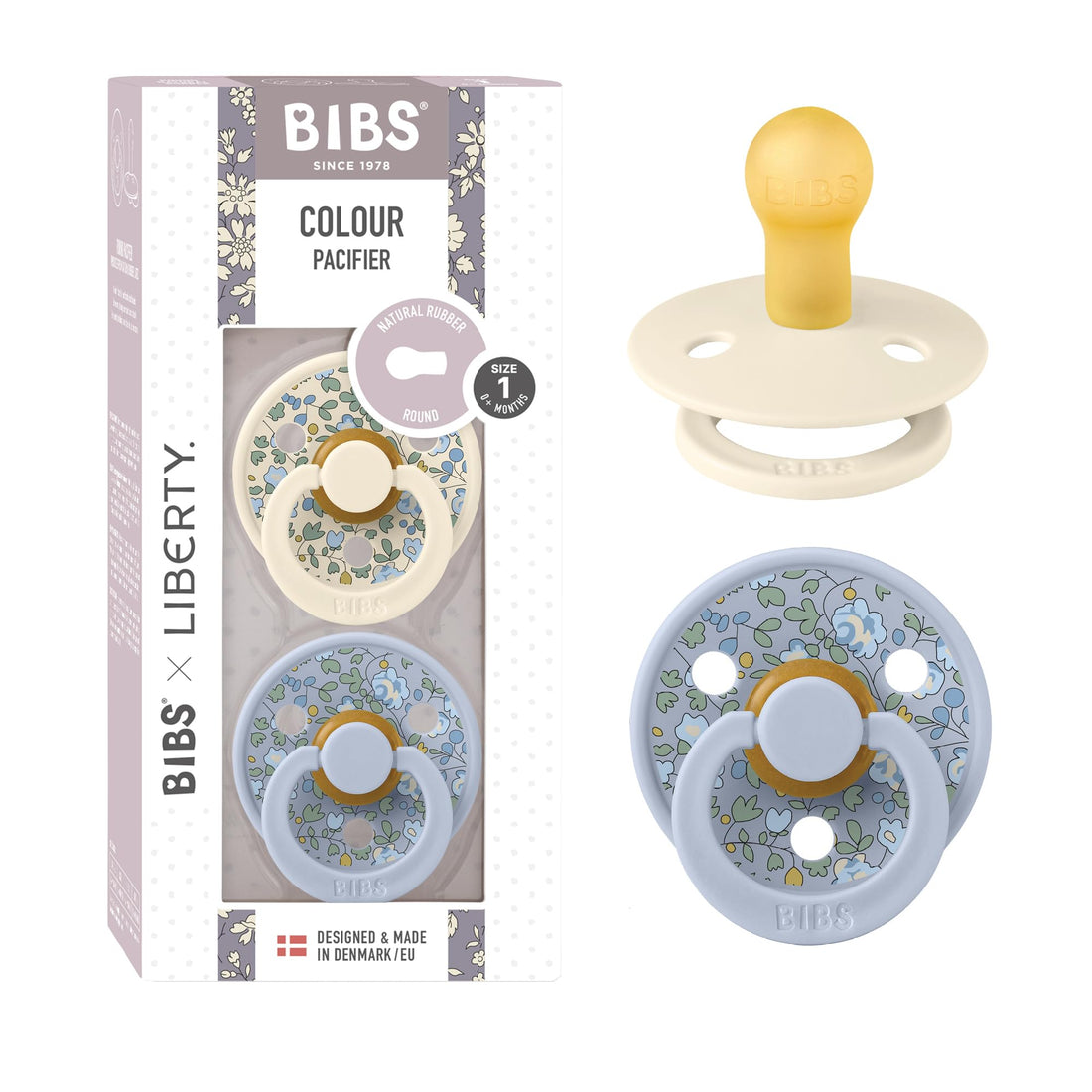 BIBS Colour Liberty Schnuller 2er-Pack, BPA-frei, Kirschform Nippel. Naturkautschuk/Latex, Hergestellt in Dänemark, Größe 2 (6-18 Monate), Chamomile Lawn Violet Sky