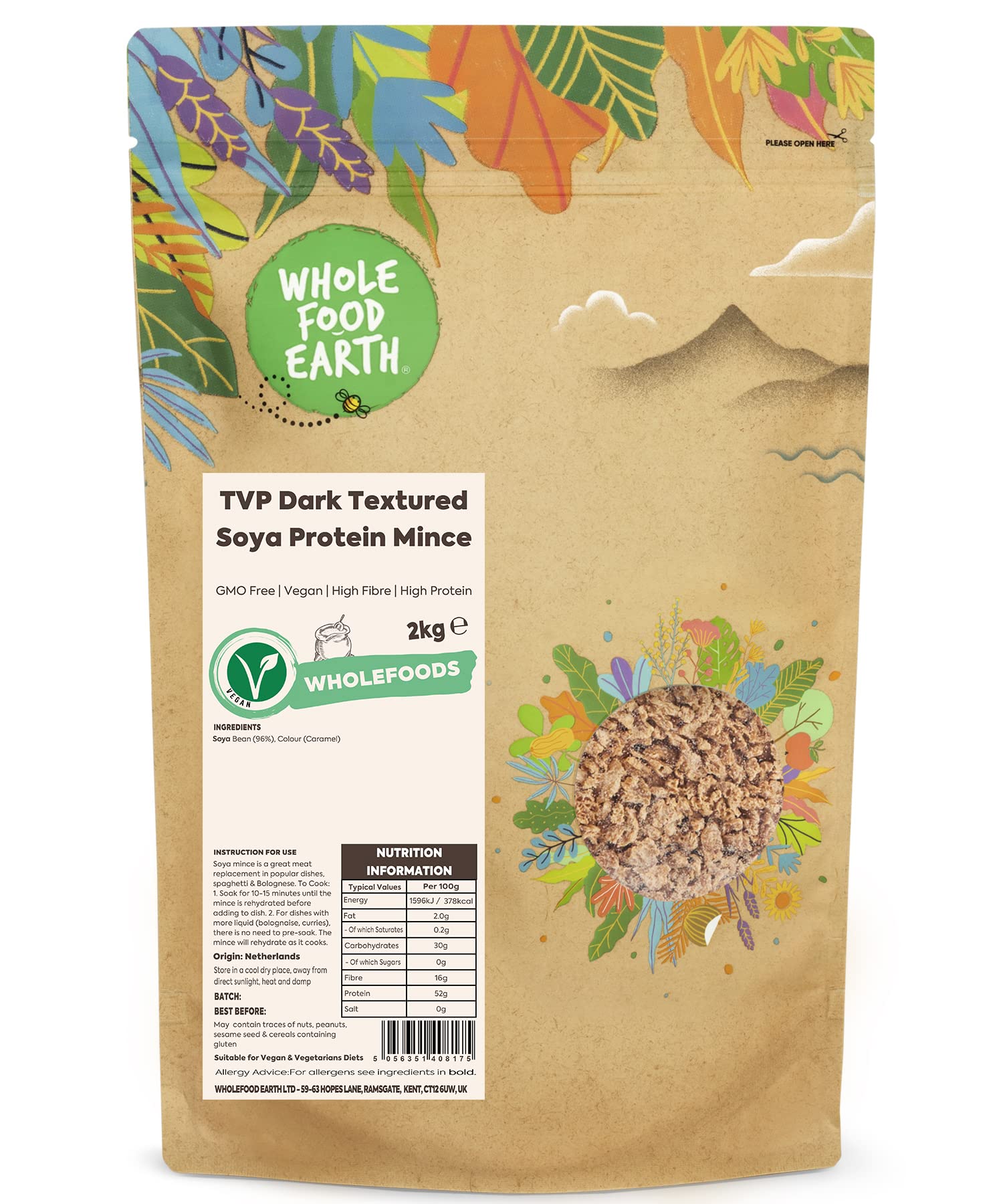Wholefood Earth TVP Soja-Protein Hackfleisch - Vegan, GMO-frei, ohne Zucker - 1kg