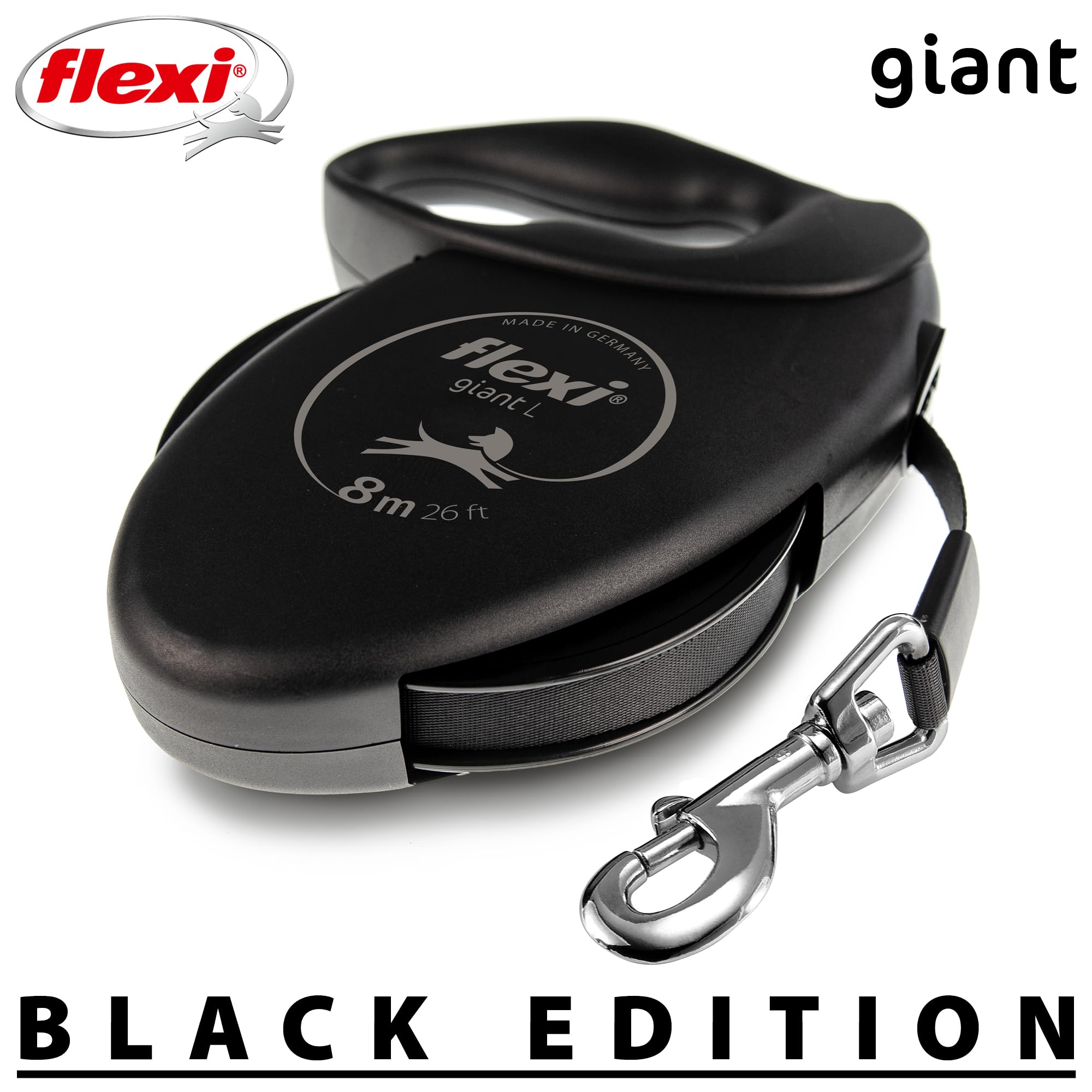 flexi® Giant S/M | 8m Gurt Roll-Leine für Hunde bis 25 kg | schwarz/neon-gelb | ausziehbare Hundeleine | Gewicht 438.4 gr | Maße 15.3 x 19.2 cm