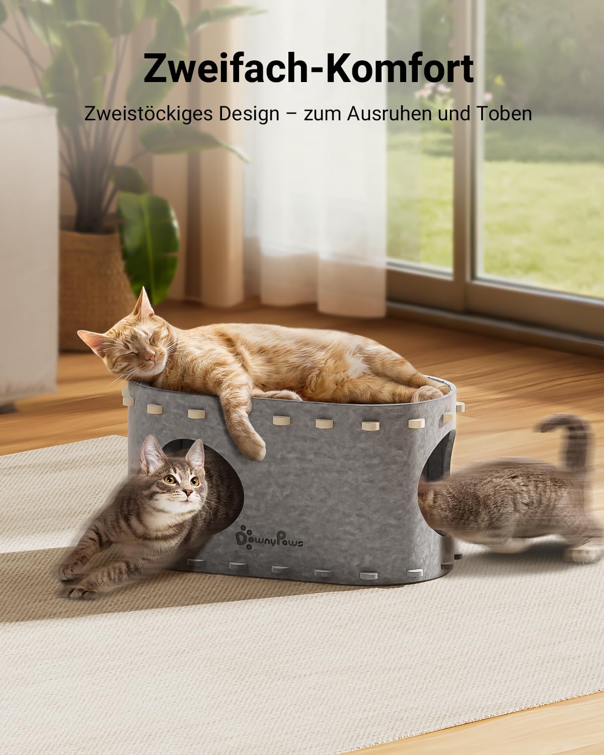 Katzenhöhle Filz, Katzenhaus aus Filz, Katzenbett, Katzenhöhle für Katzen, 58 x 33 x 30cm, Peek-a-Boo zum Spielen, Winterfest, Schutz der Katzennägel, Beige
