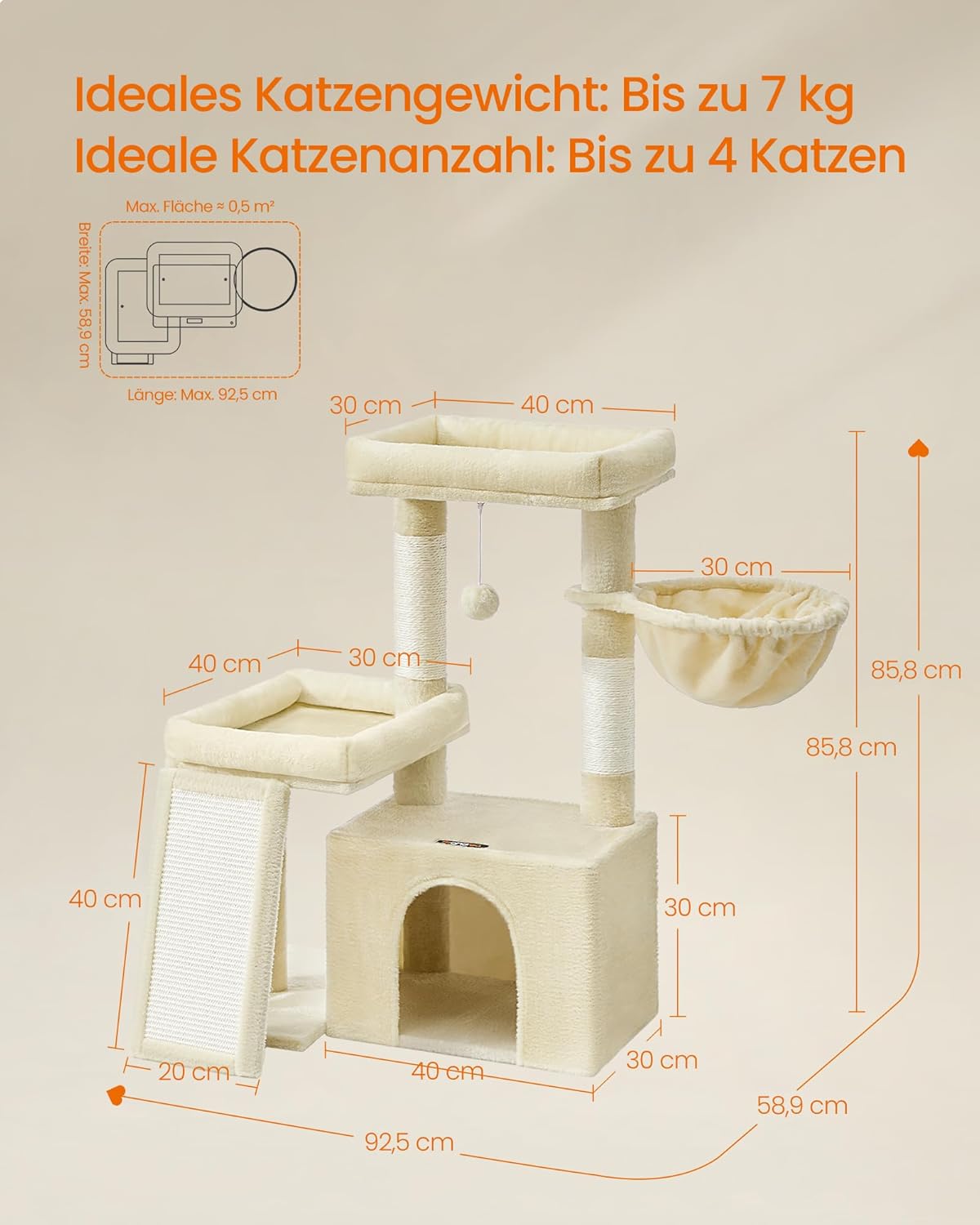 Feandrea Kratzbaum, Katzenbaum mit Kratzsäulen, Rampe, Katzenkratzbaum, 2 große Plattformen, Höhle und Korb, 85,8 cm hoch, Taubengrau PCT013GD01