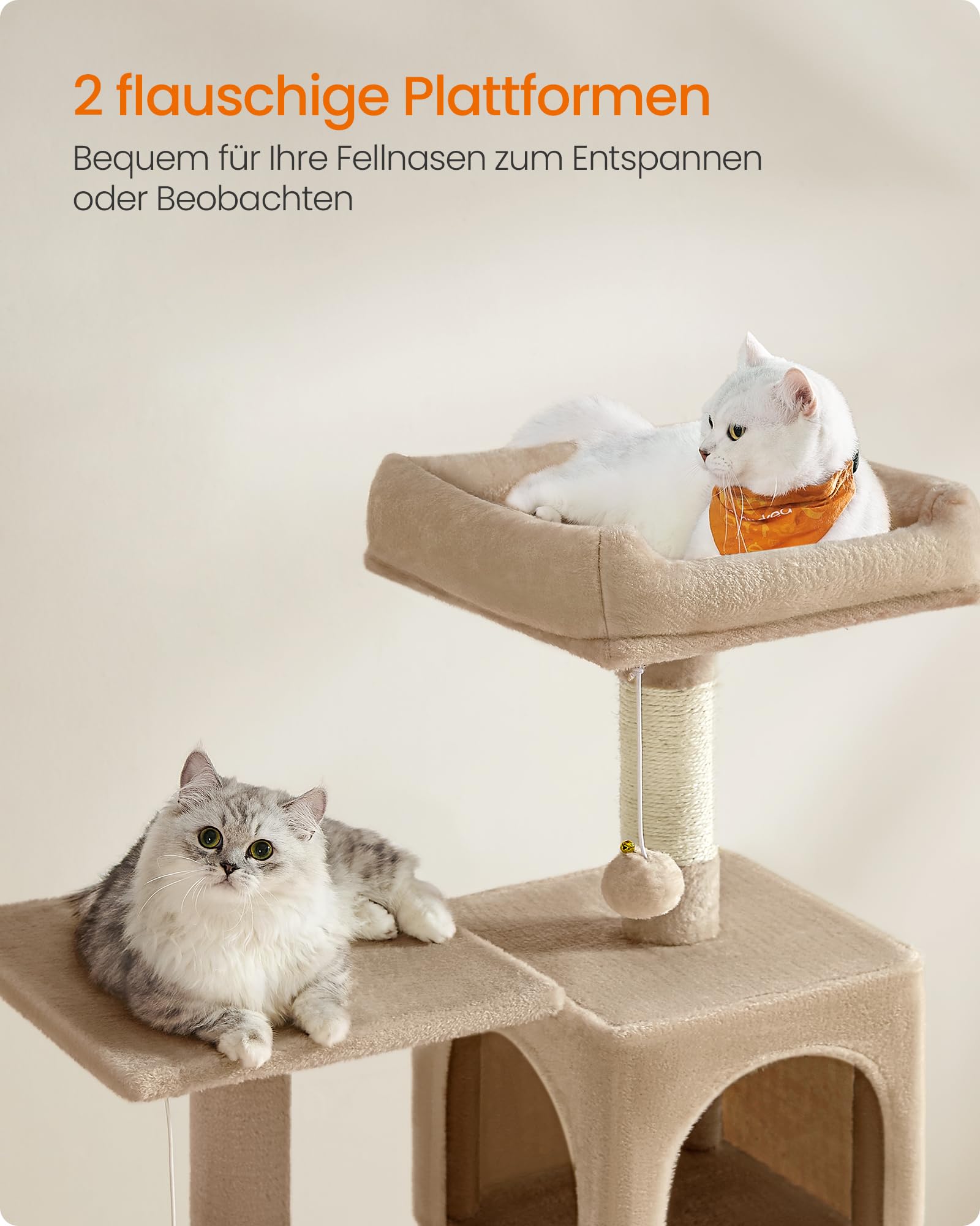 Feandrea Kratzbaum, 143 cm hoch, Katzenbaum, mehrstöckiges Katzenhaus, mit 4 Kratzsäulen, 2 Plattformen, Hängematte, Höhle, hellgrau PCT161W01