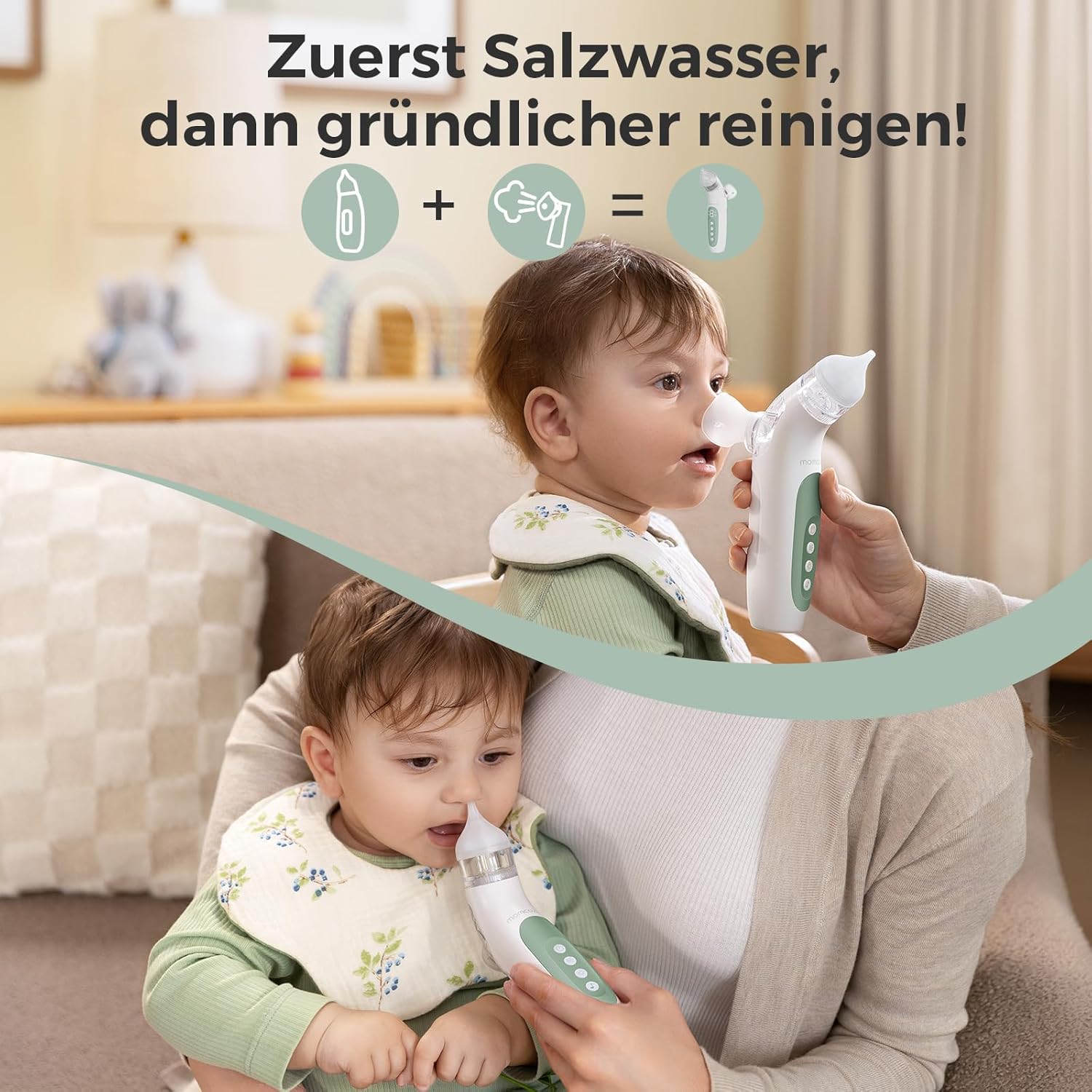 Momcozy BN007 BreezyClear Nasensauger Baby elektrisch, 2-in-1 mit Sprühfunktion, 65 kPa Saugkraft, 4 Stufen, leise & tragbar, mit Licht & Musik