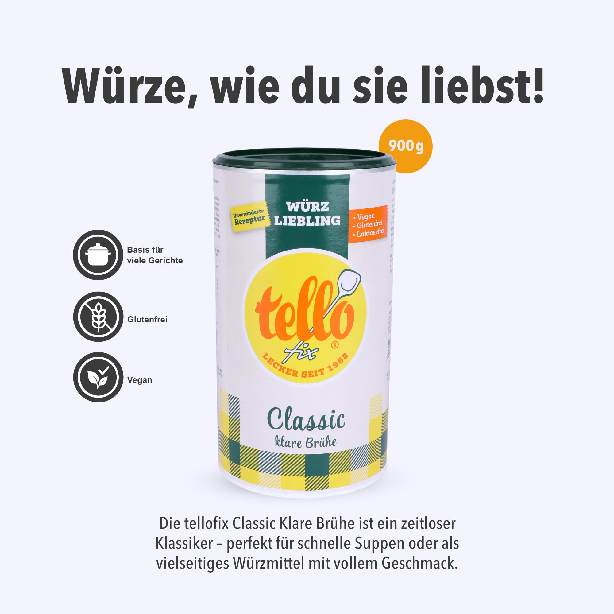 tellofix Classic Klare Brühe 900g, vielseitige Gemüse Brühe, als Universal-Würzmittel zum Verfeinern von Suppen - kalorienarm, glutenfrei, lactosefrei & vegan, keine Farb- oder Konservierungssstoffe