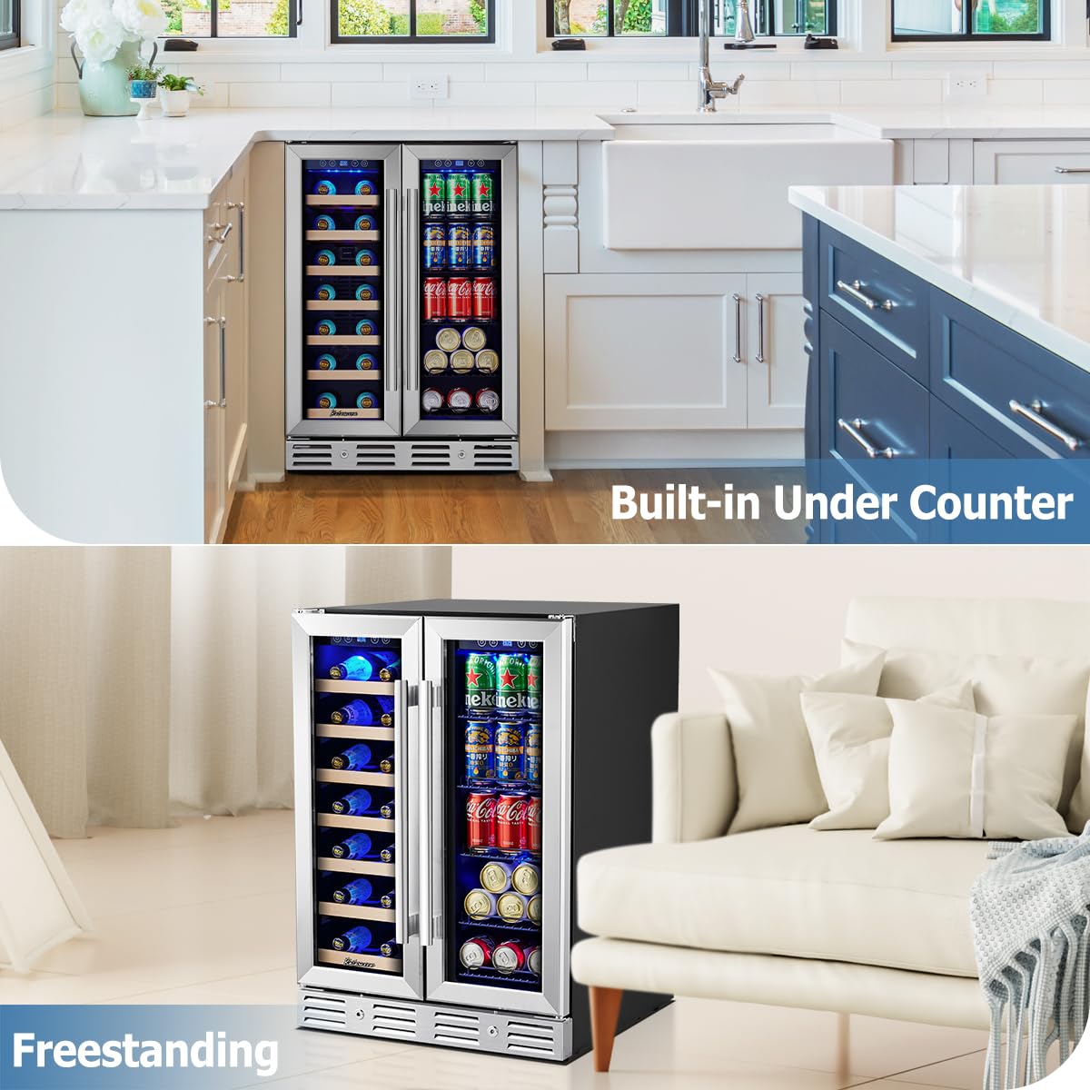 Kalamera 24 inch Wine Cooler, 37 Bottle - Dual Zone Built-in or Freestanding Fridge with Stainless Steel Reversible Glass Door, for Home, Kitchen or Office