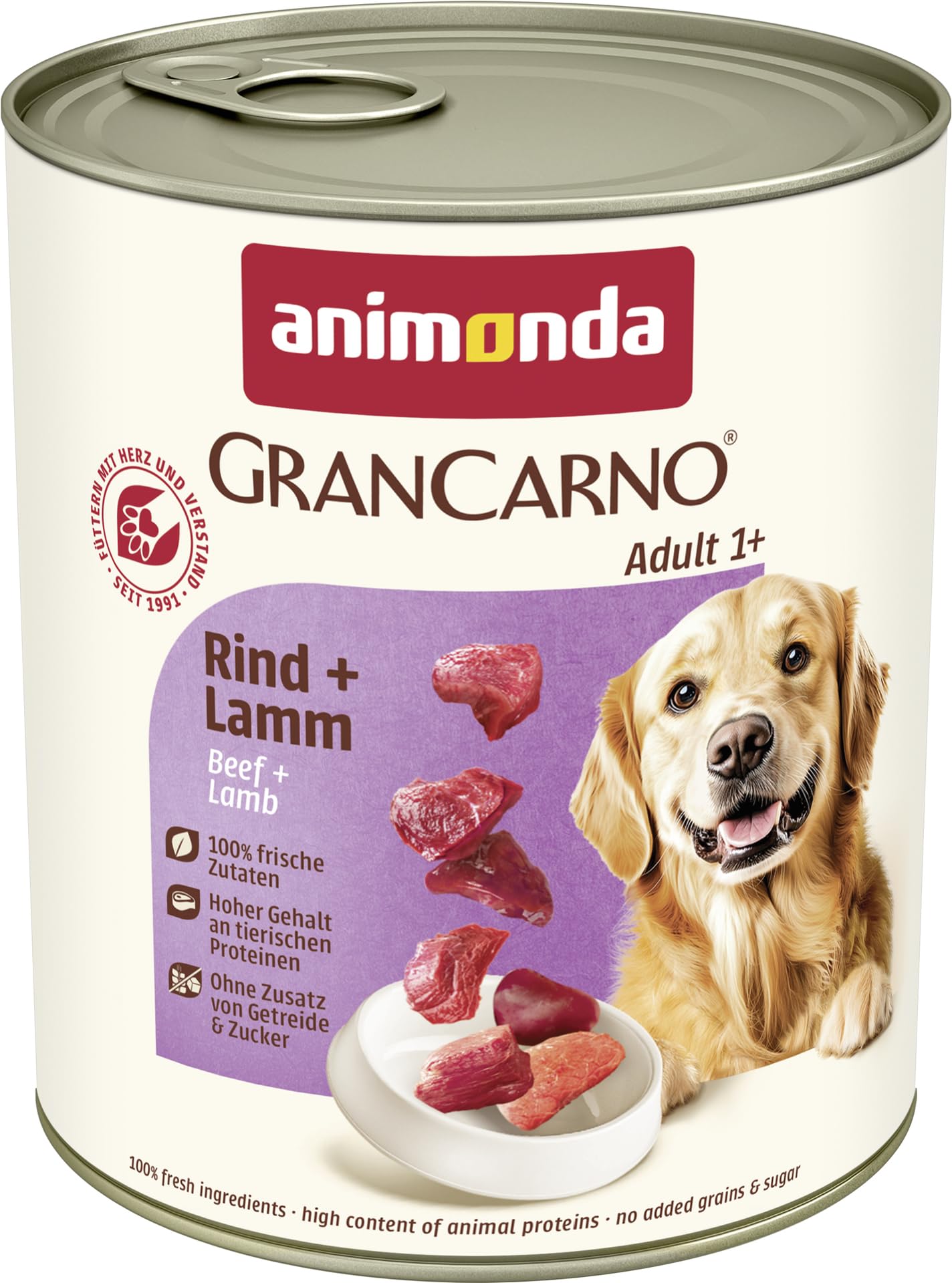 animonda GranCarno Hunde Nassfutter mit Rind + Entenherzen (6 x 800 g), getreidefreies Hundenassfutter ohne Zucker, für ausgewachsene Hunde, mit frischen fleischigen Zutaten