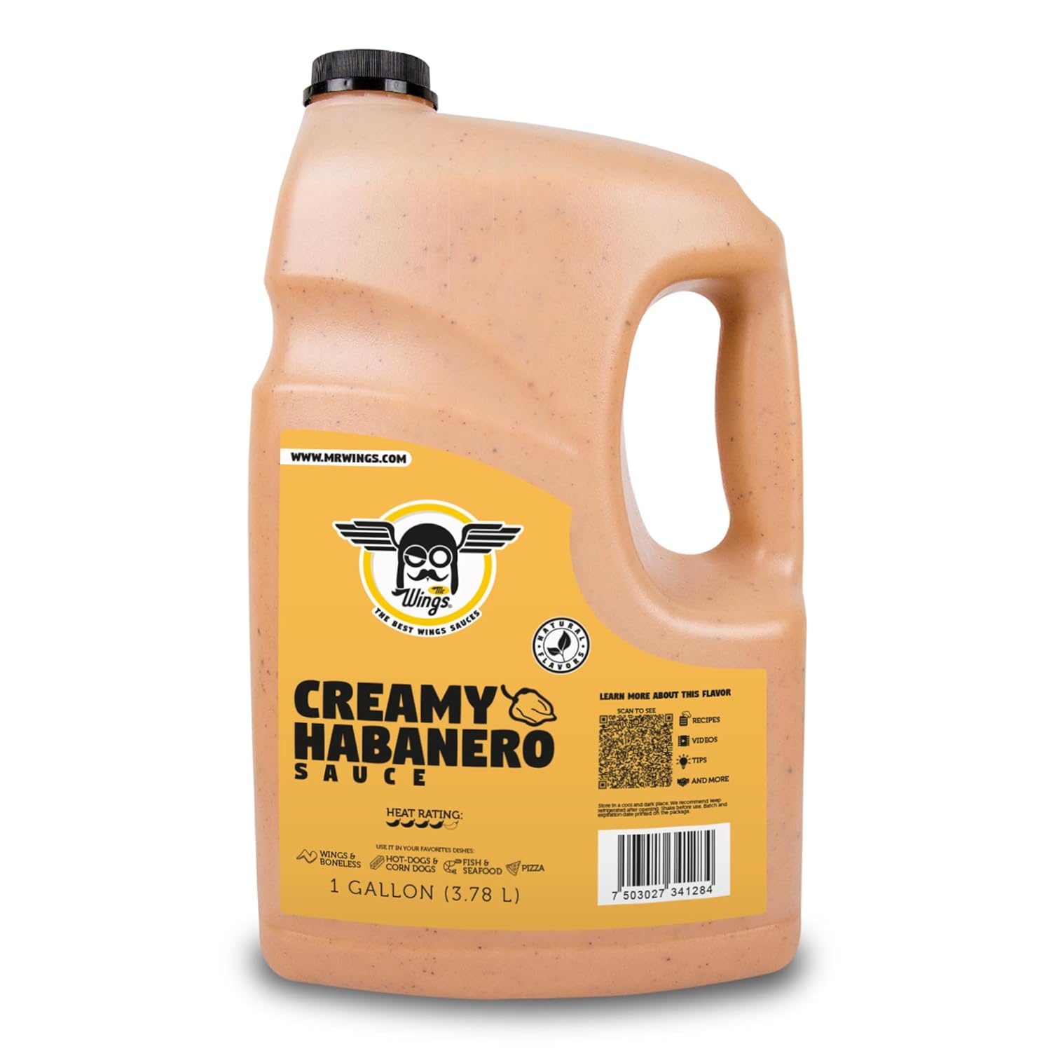 Mr. Wings Sweet Mango Mild Sauce 1 Gallon (128 Fl Oz). Sweet and spicy delight, perfect for boneless chicken, fries, drinks, and your favorite snacks. Large bulk sauce.