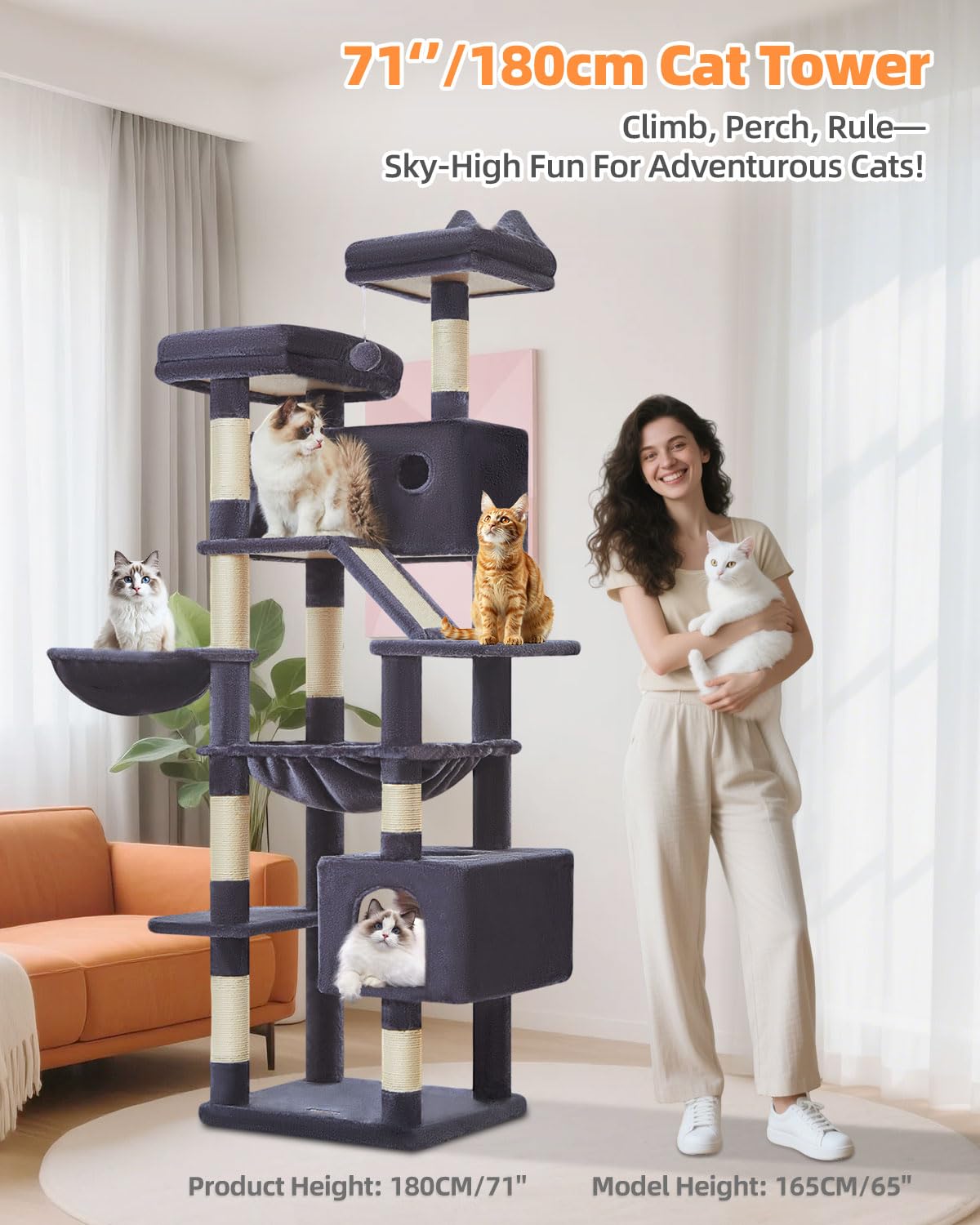 Taoqimiao 180CM Kratzbaum Groß, Katzenbaum Katzen Kratzbaum Grosse Katzen Stabil mit 2 Katzenhaus, Metallhängematte, Korb, 8 Kratzsäulen, Katzenkratztafel, MS026LM Beige