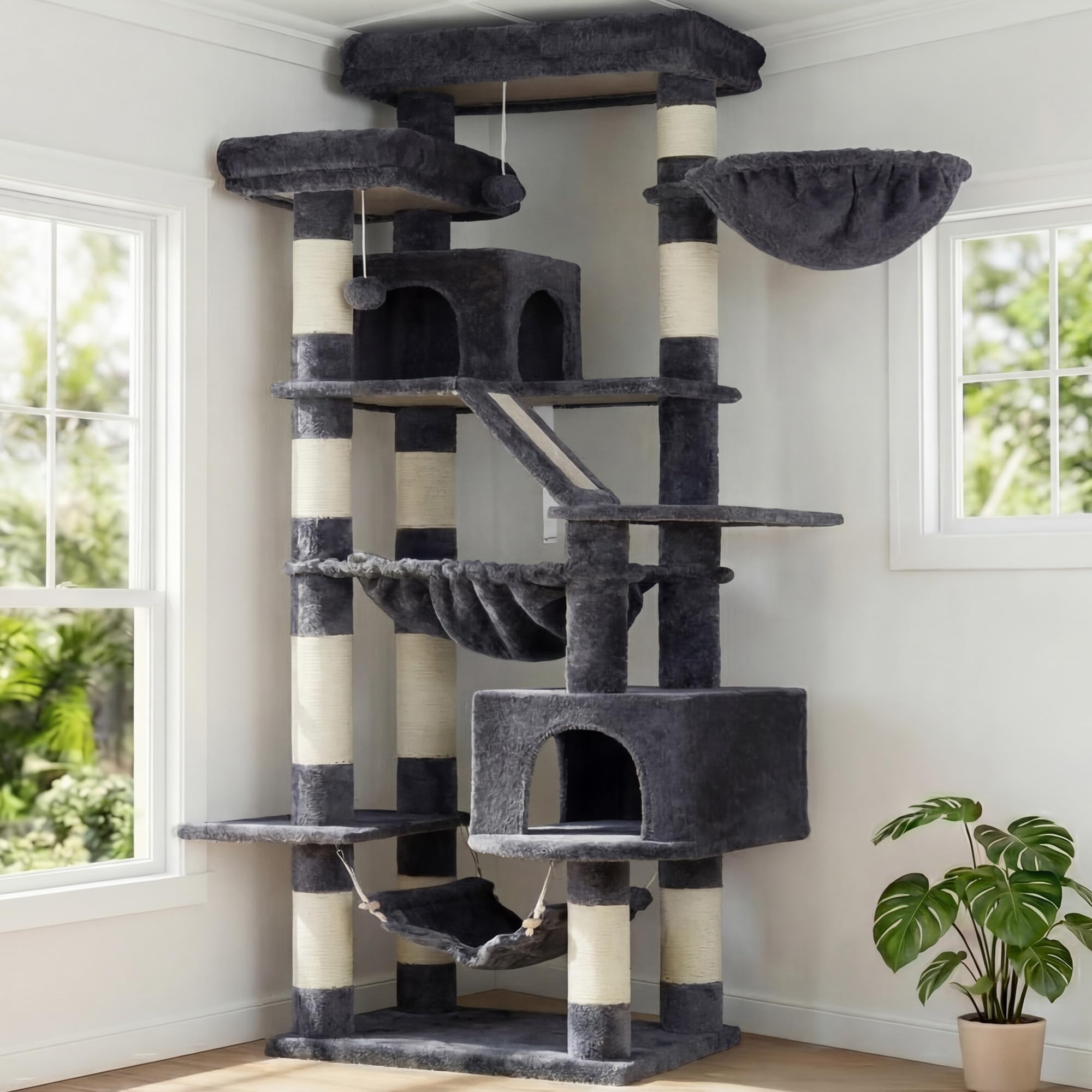Heybly Kratzbaum, 180 cm Hoher Katzenturm für Wohnungskatzen mit 2 Plattformen, 2 Großen Schlafhäusern, 2 Hängematten, Korb und Kratzbrett, Großes Katzenmöbel mit Schlafplatz, Hellgrau HCT034W