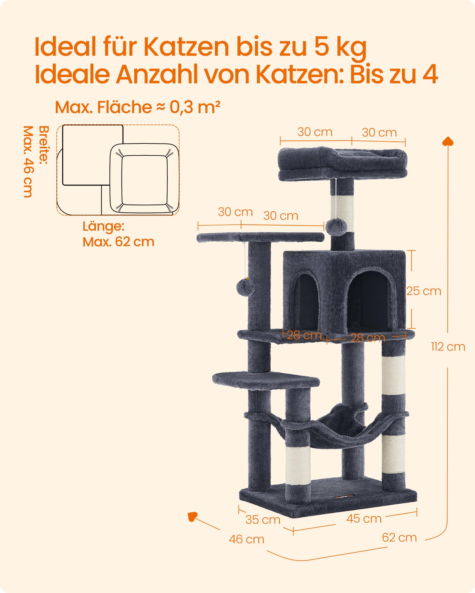 Feandrea Kratzbaum, 143 cm hoch, Katzenbaum, mehrstöckiges Katzenhaus, mit 4 Kratzsäulen, 2 Plattformen, Hängematte, Höhle, hellgrau PCT161W01