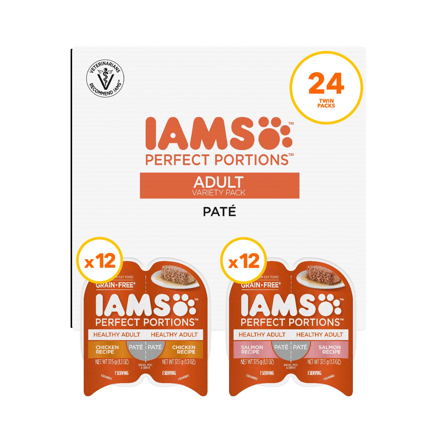 IAMS Perfect Portions Healthy Adult Wet Cat Food Pate, Chicken and Tuna Recipe Variety Pack, Easy Peel Twin-Pack Trays (12 Count, 24 Servings) (Pack of 2)
